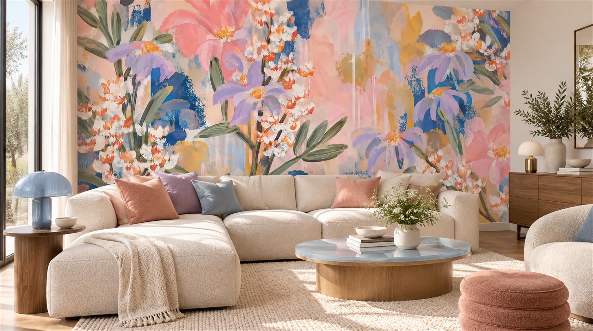 Red And Soft Pastel Decorative Patterning Wallpaper Painterly Wallpaper Living-room-wallpaper-murals, Peel-and-stick Finish