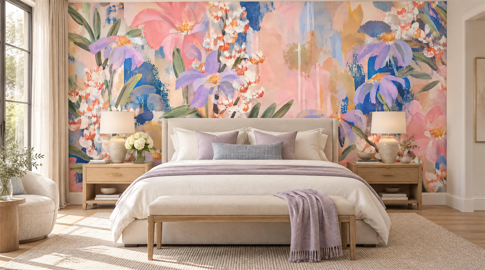 Red And Soft Pastel Decorative Patterning Wallpaper Painterly Wallpaper Bedroom-wallpaper-murals, Peel-and-stick Finish