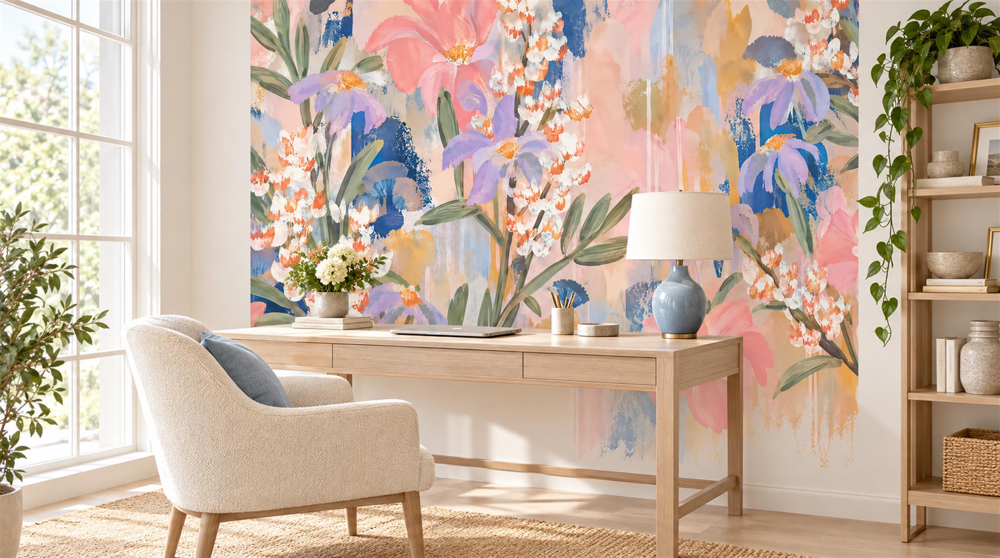 Red And Soft Pastel Decorative Patterning Wallpaper Painterly Wallpaper Accent-wall-wallpaper-murals, Peel-and-stick Finish