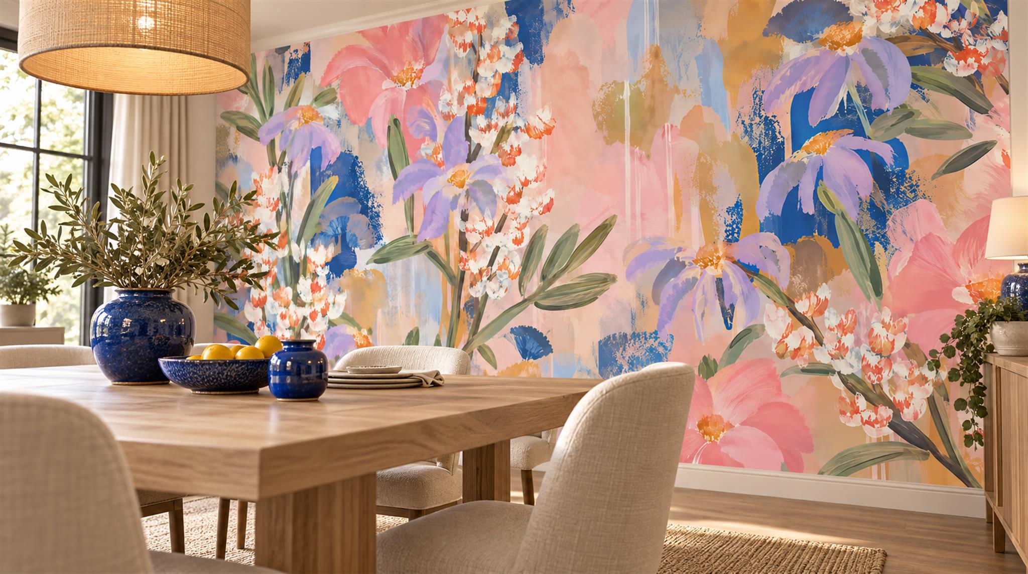 Red And Soft Pastel Decorative Patterning Wallpaper Painterly Wallpaper Dining-room-wallpaper-murals, Shown In A Dining Room, Peel-and-stick Finish