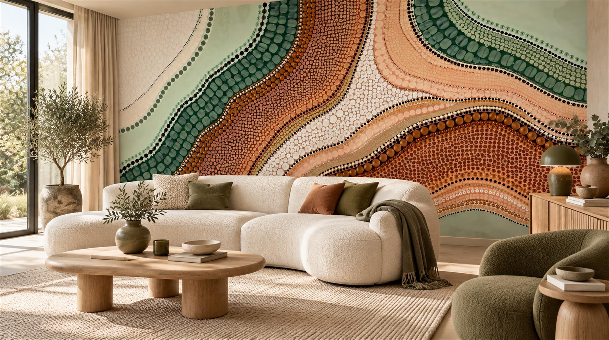 Red And Sage Green Decorative Patterning Wallpaper Illustrated Wallpaper Living-room-wallpaper-murals, Peel-and-stick Finish