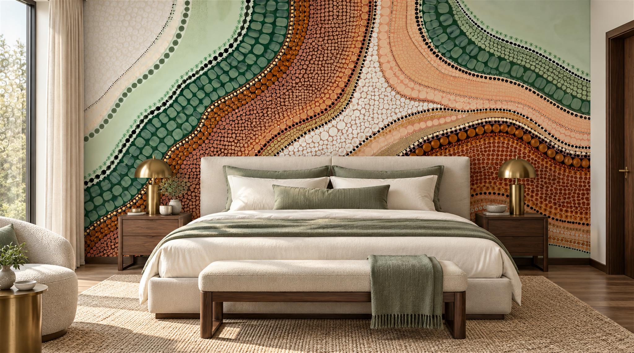 Red And Sage Green Decorative Patterning Wallpaper Illustrated Wallpaper Bedroom-wallpaper-murals, Peel-and-stick Finish