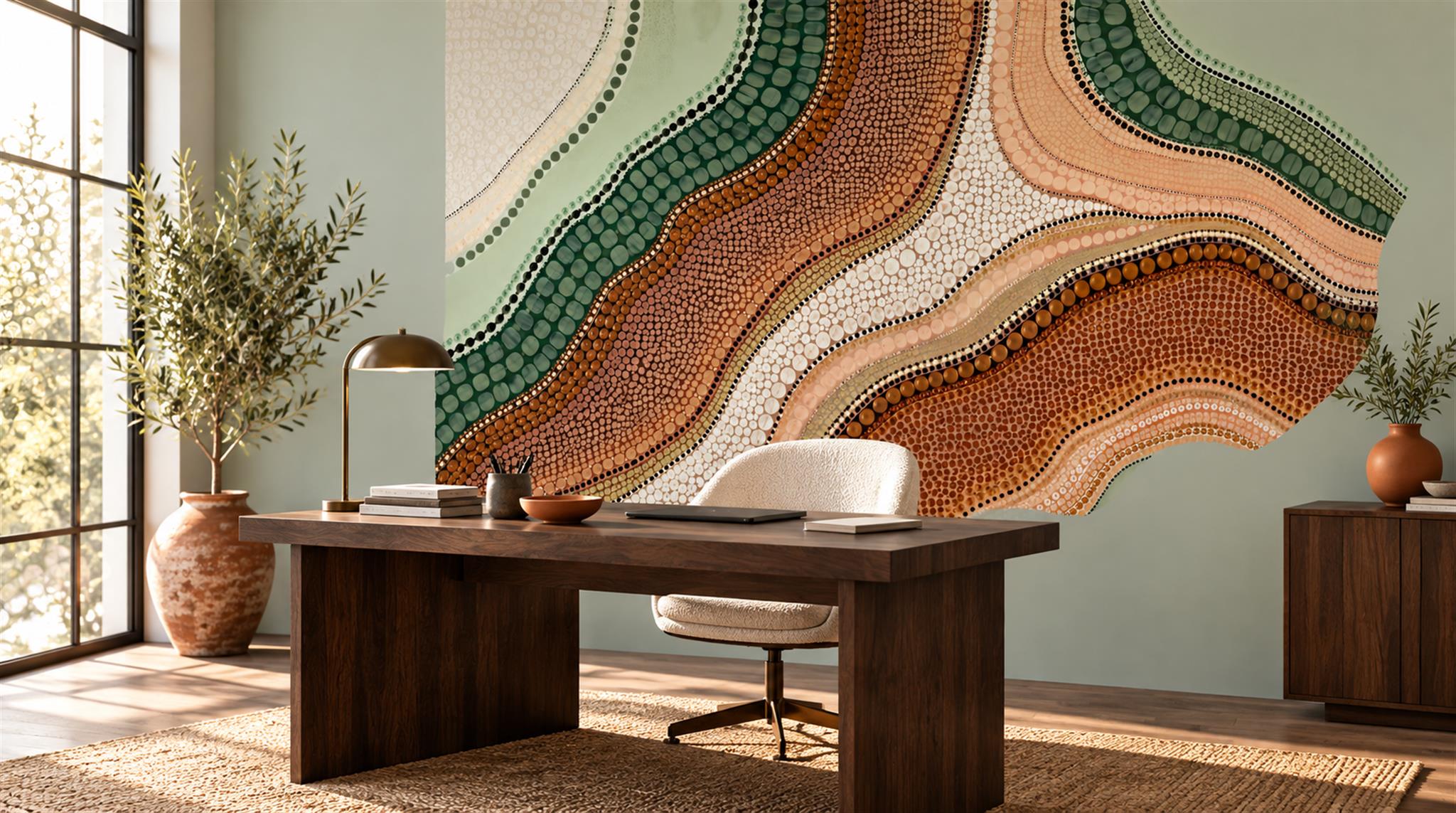 Red And Sage Green Decorative Patterning Wallpaper Illustrated Wallpaper Office-wallpaper-murals, Shown In A Home Office, Peel-and-stick Finish