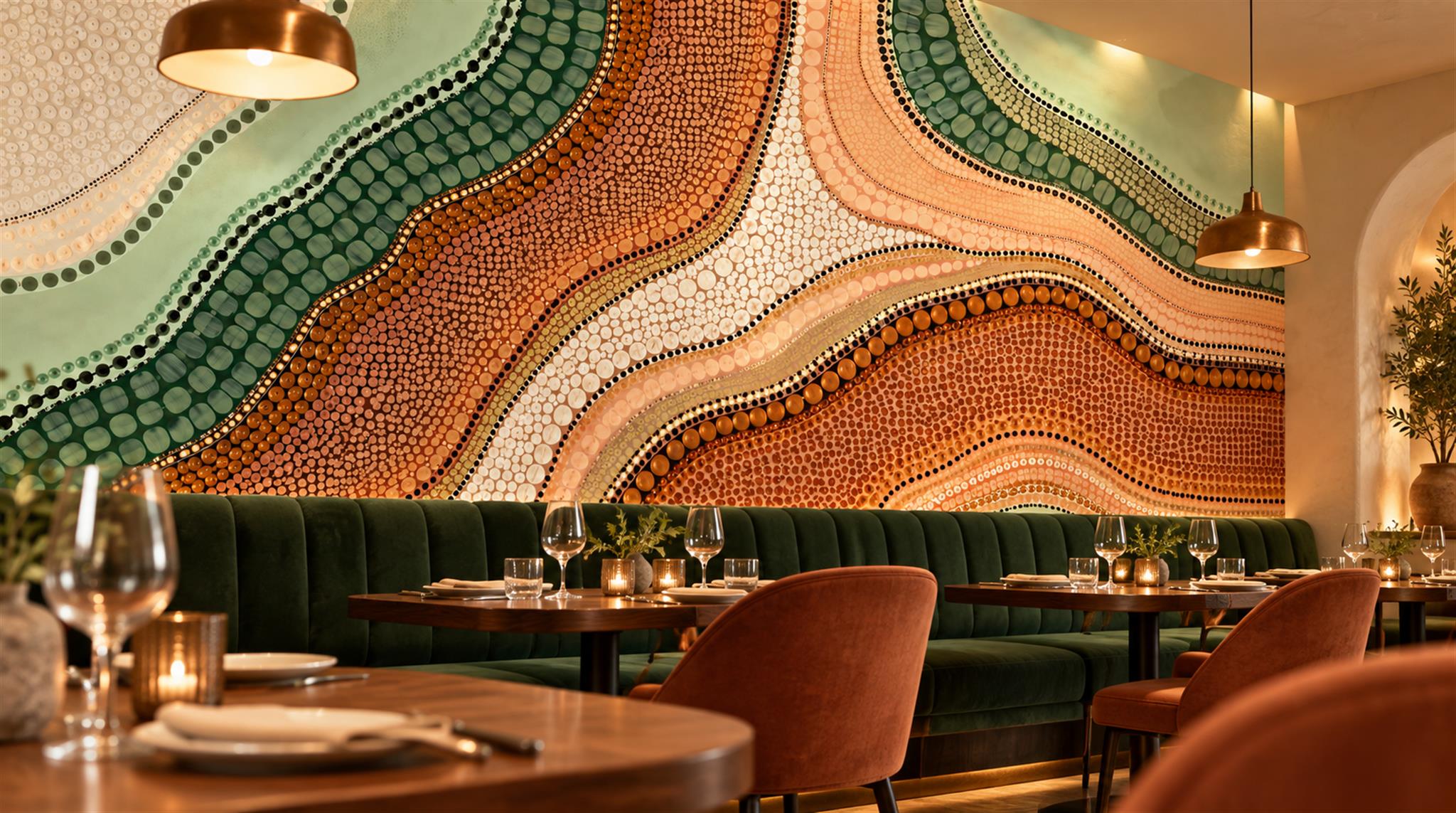 Red And Sage Green Decorative Patterning Wallpaper Illustrated Wallpaper Dining-room-wallpaper-murals, Shown In A Dining Room, Peel-and-stick Finish