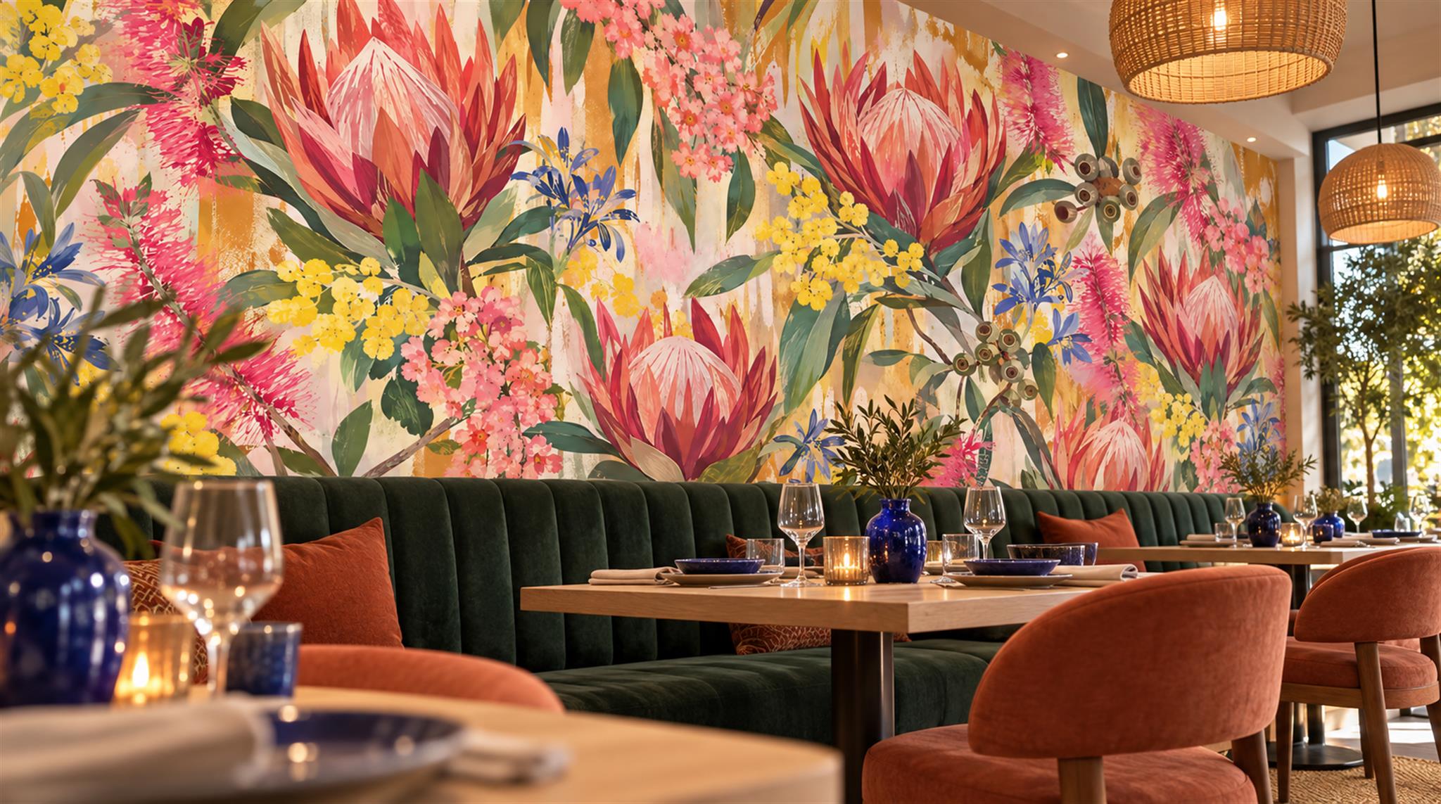 Red And Neutral Decorative Patterning Wallpaper Mural Layered Painterly Dining-room-wallpaper-murals, Shown In A Dining Room, Peel-and-stick Finish