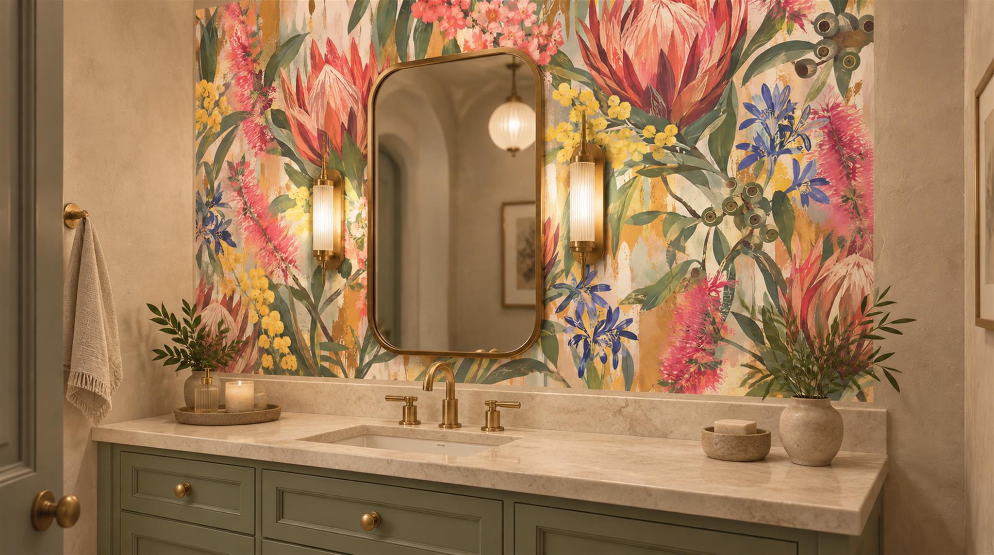 Red And Neutral Decorative Patterning Wallpaper Mural Layered Painterly Powder-room-wallpaper-murals, Peel-and-stick Finish