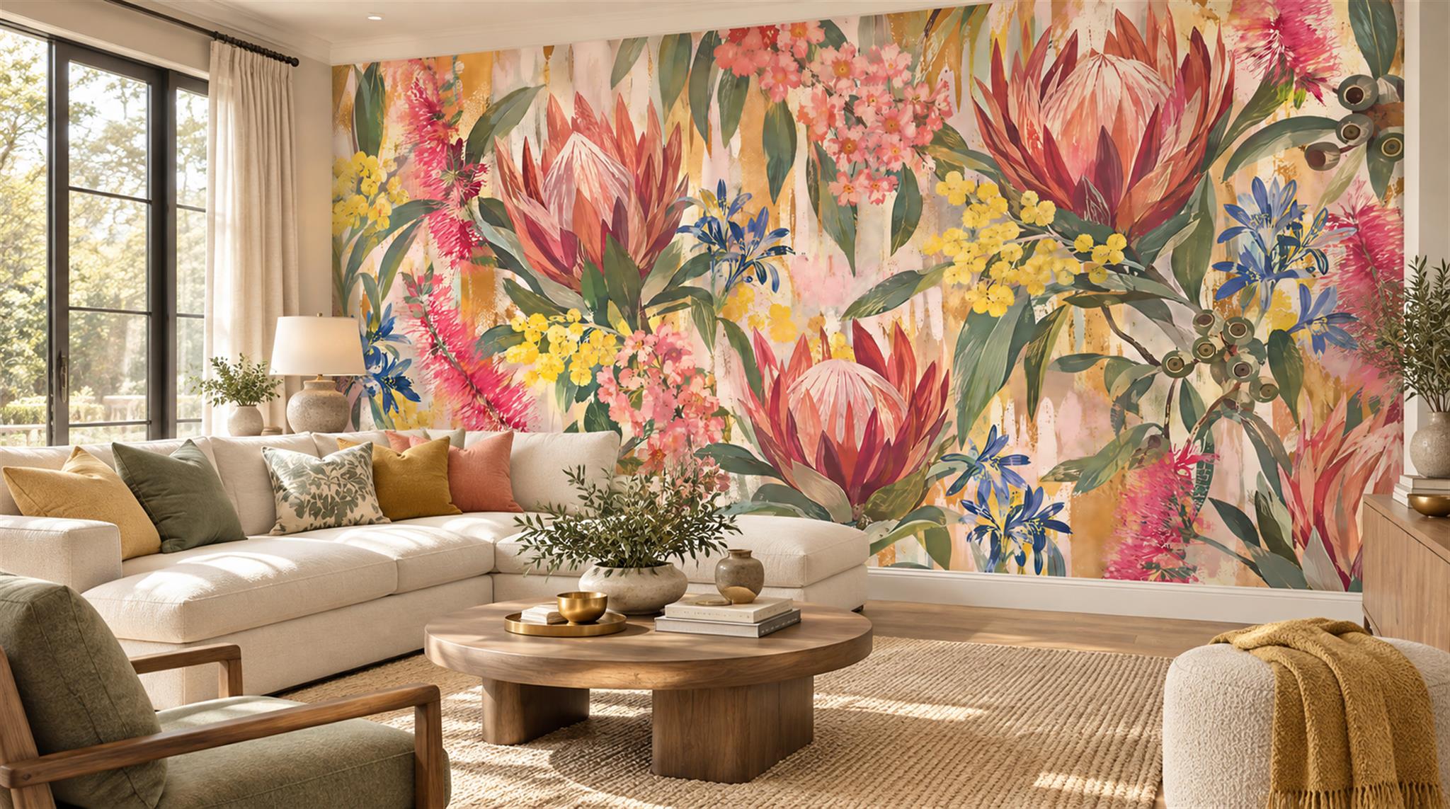 Red And Neutral Decorative Patterning Wallpaper Mural Layered Painterly Living-room-wallpaper-murals, Shown In A Living Room, Peel-and-stick Finish
