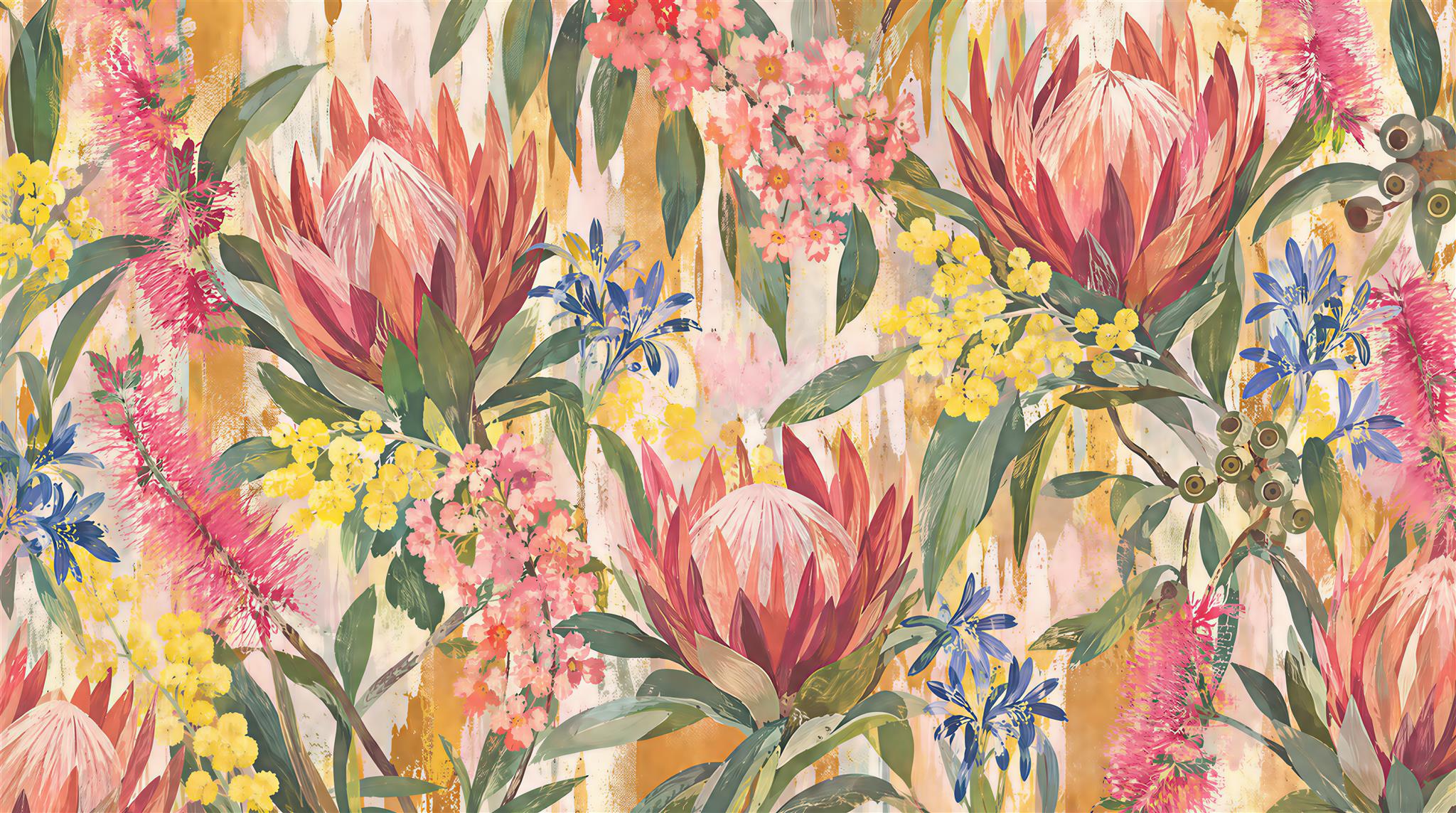 Red And Neutral Decorative Patterning Wallpaper Mural Layered Painterly Accent-wall-wallpaper-murals, Peel-and-stick Finish