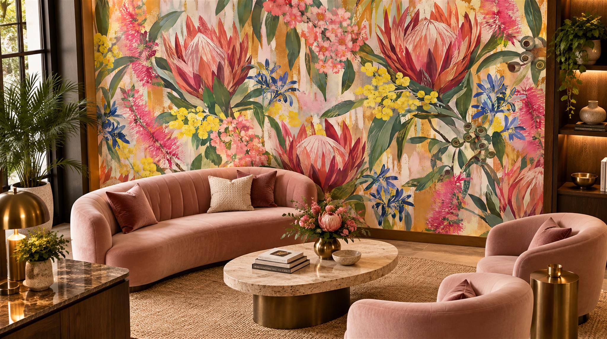 Red And Neutral Decorative Patterning Wallpaper Mural Layered Painterly Feature-wall-wallpaper-murals, Peel-and-stick Finish