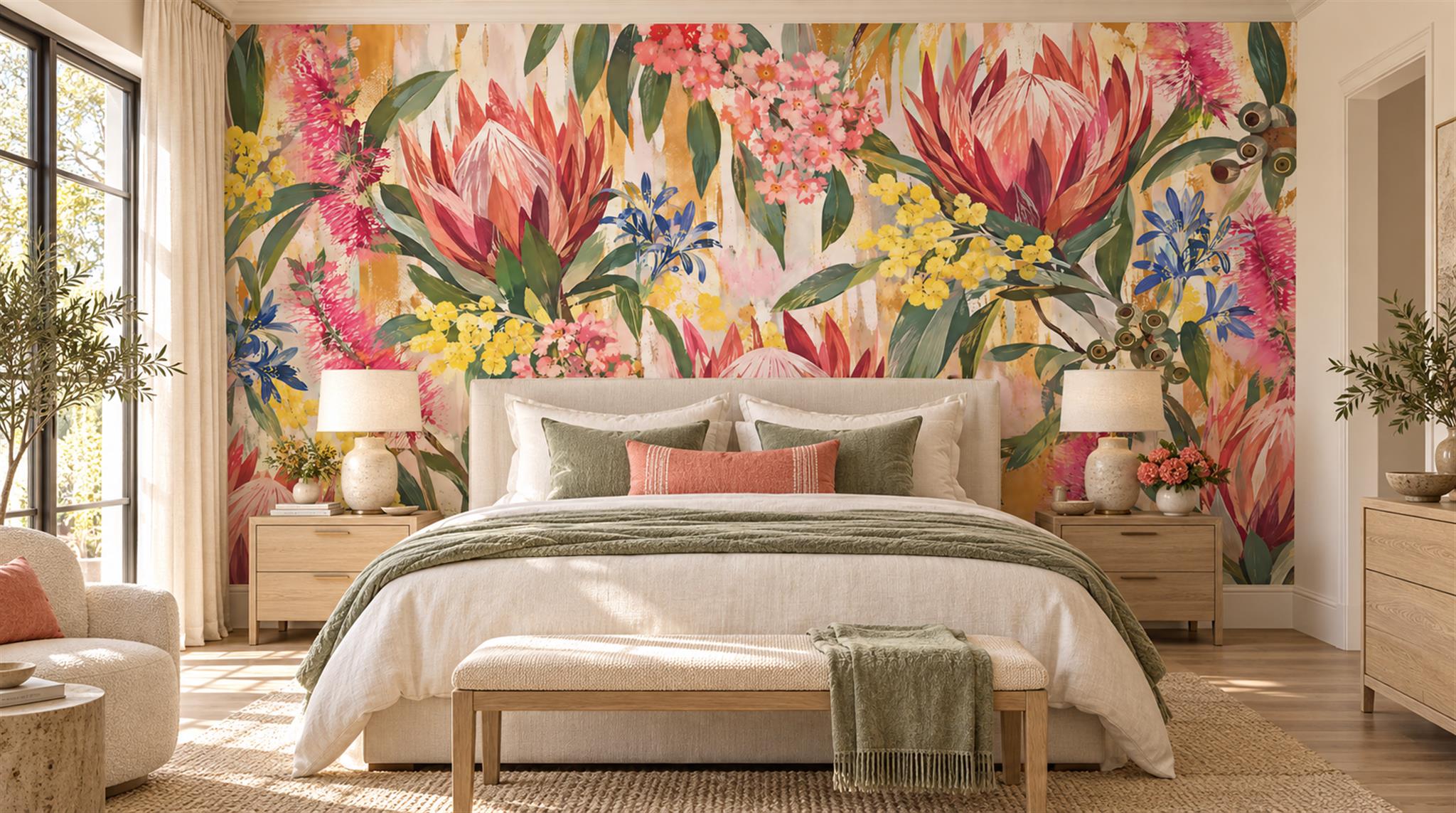 Red And Neutral Decorative Patterning Wallpaper Mural Layered Painterly Accent-wall-wallpaper-murals, Peel-and-stick Finish