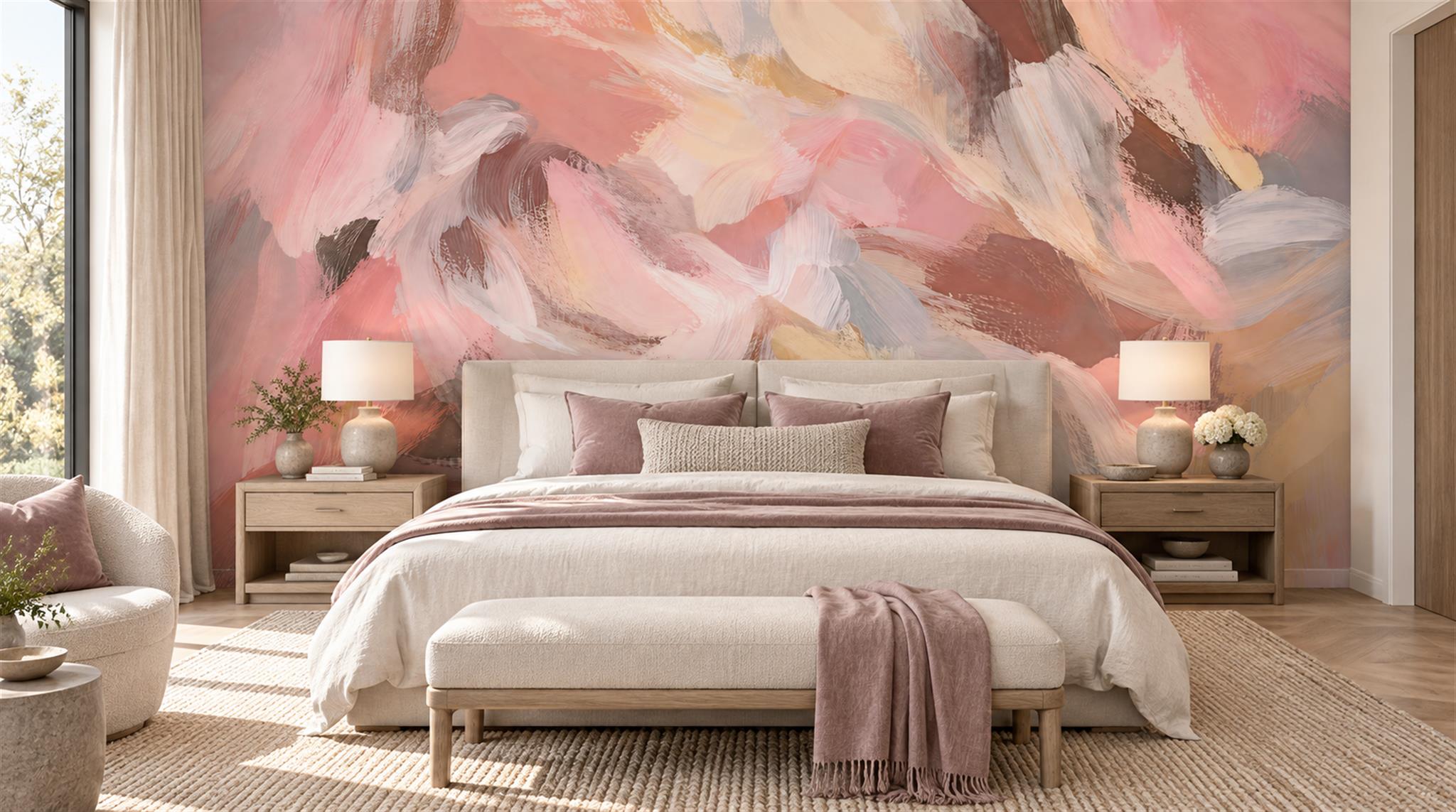 Red And Pink Decorative Patterning Illustrated Wallpaper Mural Bedroom-wallpaper-murals, Peel-and-stick Finish