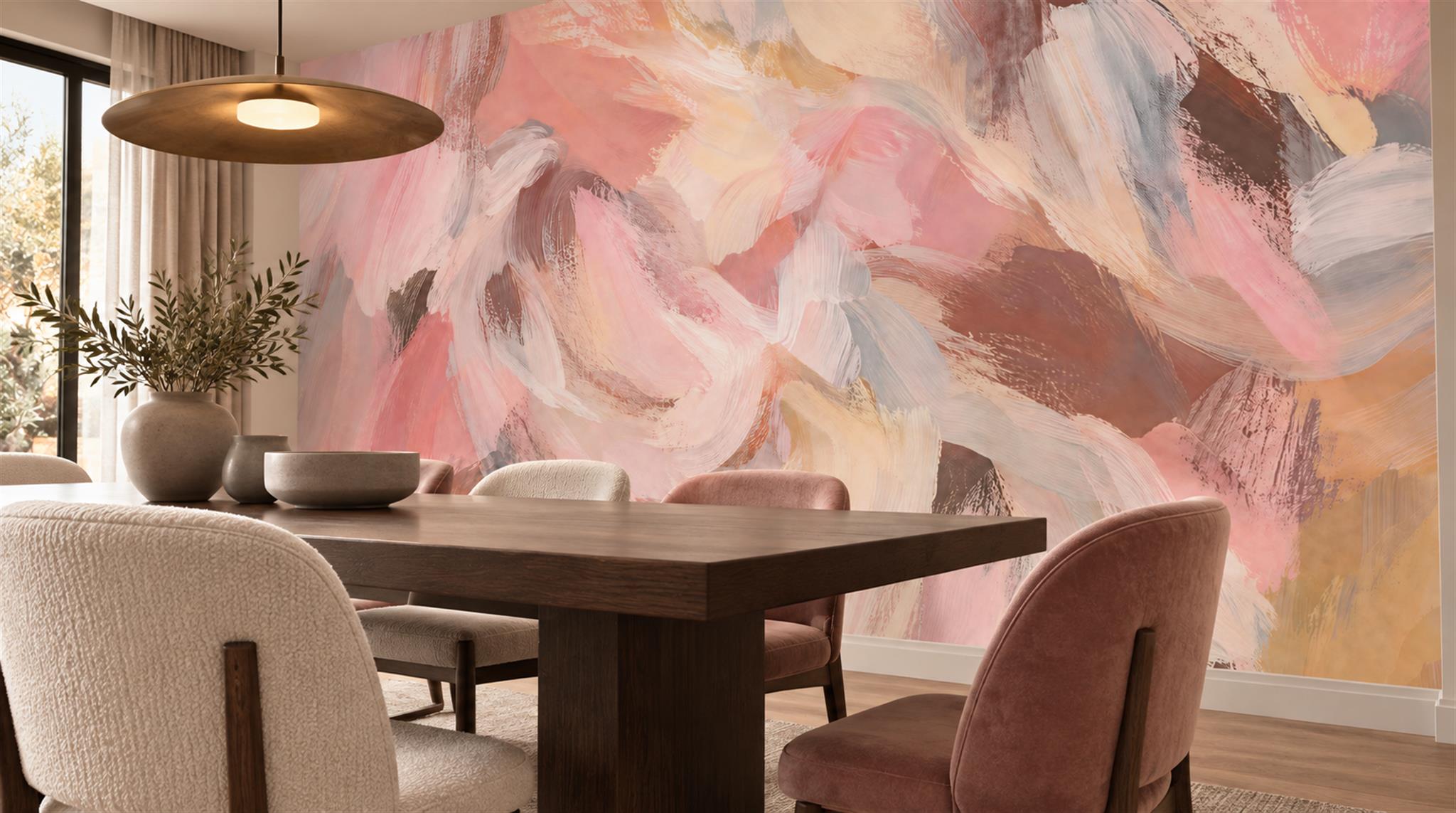 Red And Pink Decorative Patterning Illustrated Wallpaper Mural Dining-room-wallpaper-murals, Shown In A Dining Room, Peel-and-stick Finish