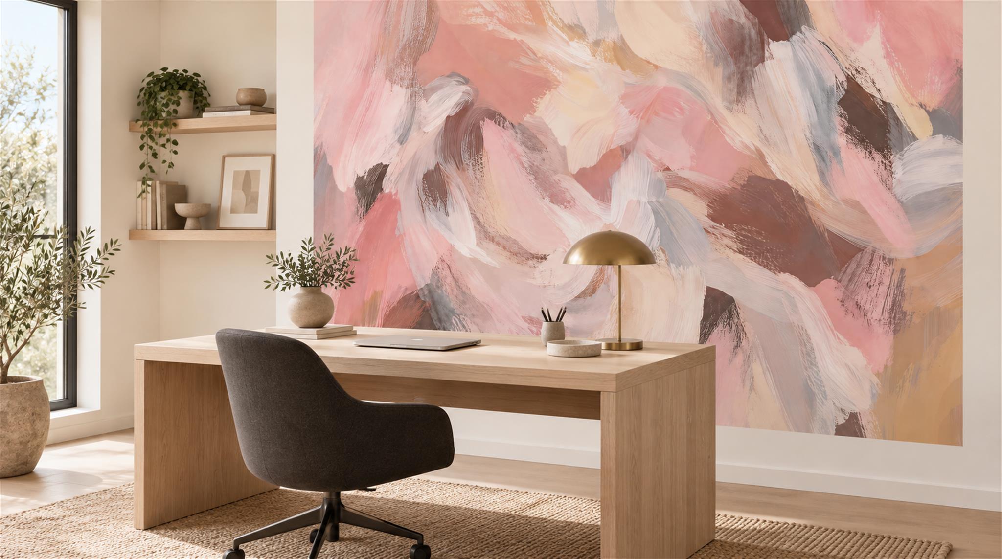 Red And Pink Decorative Patterning Illustrated Wallpaper Mural Office-wallpaper-murals, Shown In A Home Office, Peel-and-stick Finish
