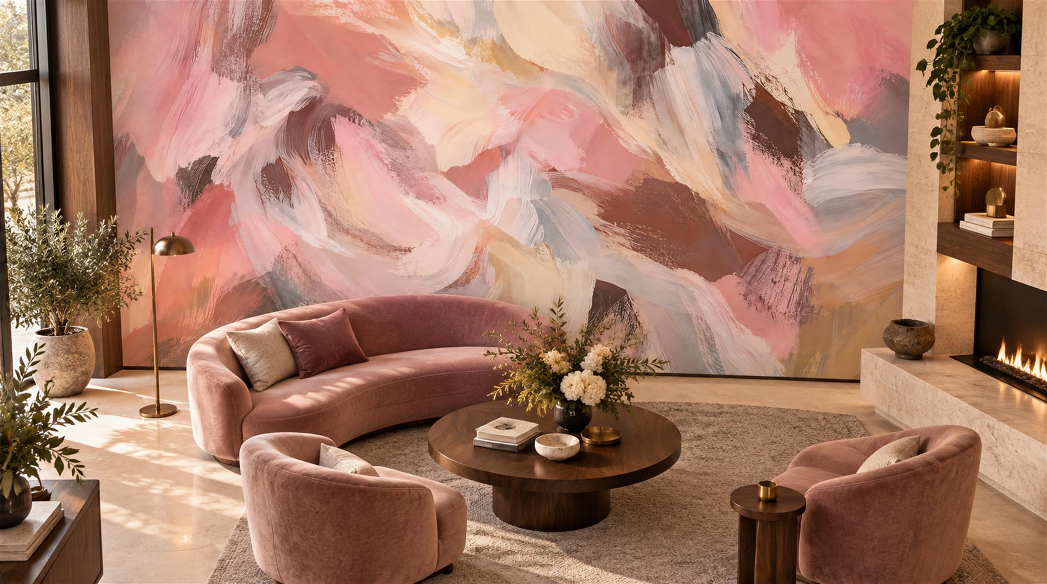 Red And Pink Decorative Patterning Illustrated Wallpaper Mural Living-room-wallpaper-murals, Peel-and-stick Finish