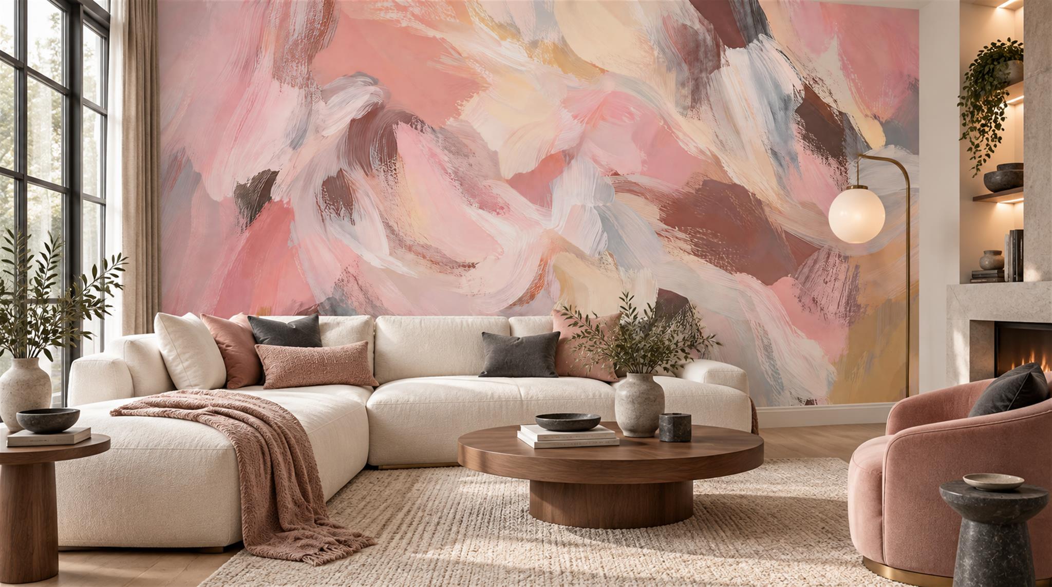 Red And Pink Decorative Patterning Illustrated Wallpaper Mural Living-room-wallpaper-murals, Peel-and-stick Finish