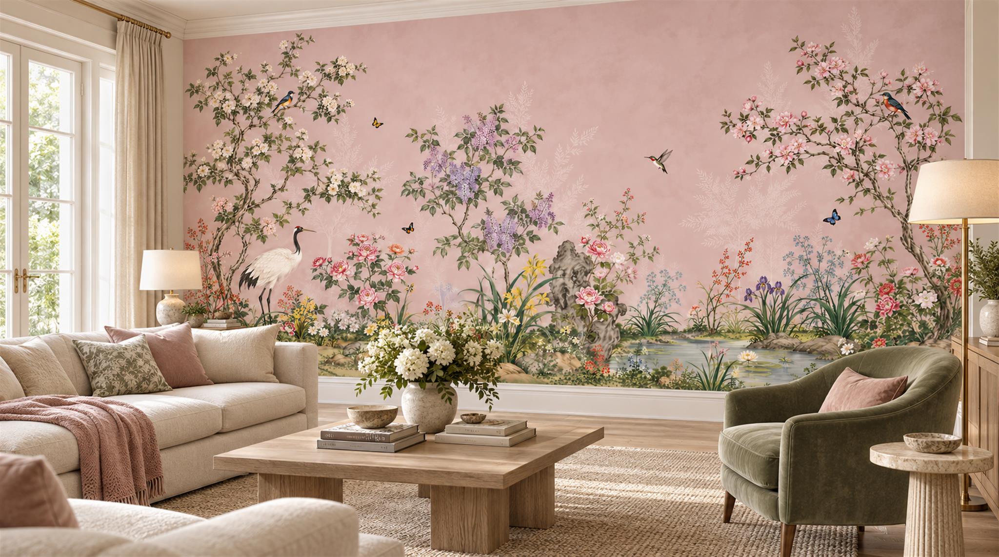 Red And Pink Decorative Patterning Wallpaper Mural Layered Living-room-wallpaper-murals, Shown In A Living Room, Peel-and-stick Finish