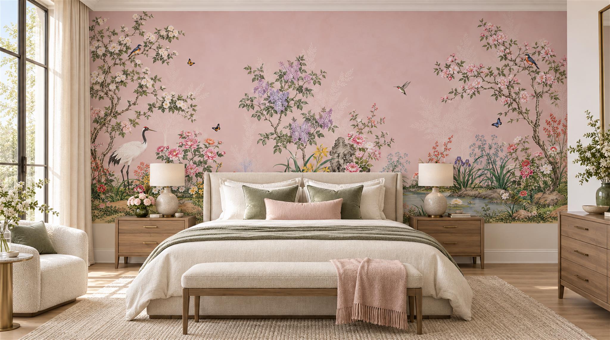 Red And Pink Decorative Patterning Wallpaper Mural Layered Bedroom-wallpaper-murals, Peel-and-stick Finish