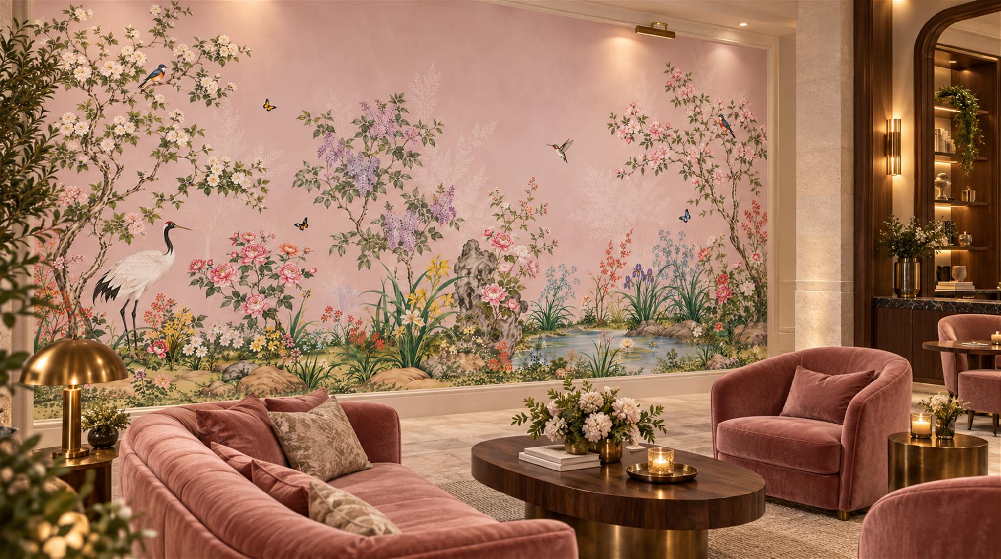 Red And Pink Decorative Patterning Wallpaper Mural Layered Accent-wall-wallpaper-murals, Peel-and-stick Finish