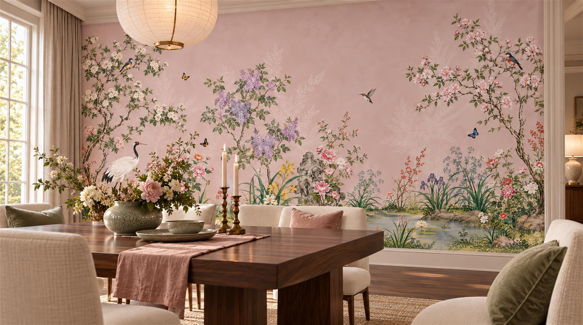 Red And Pink Decorative Patterning Wallpaper Mural Layered Accent-wall-wallpaper-murals, Peel-and-stick Finish