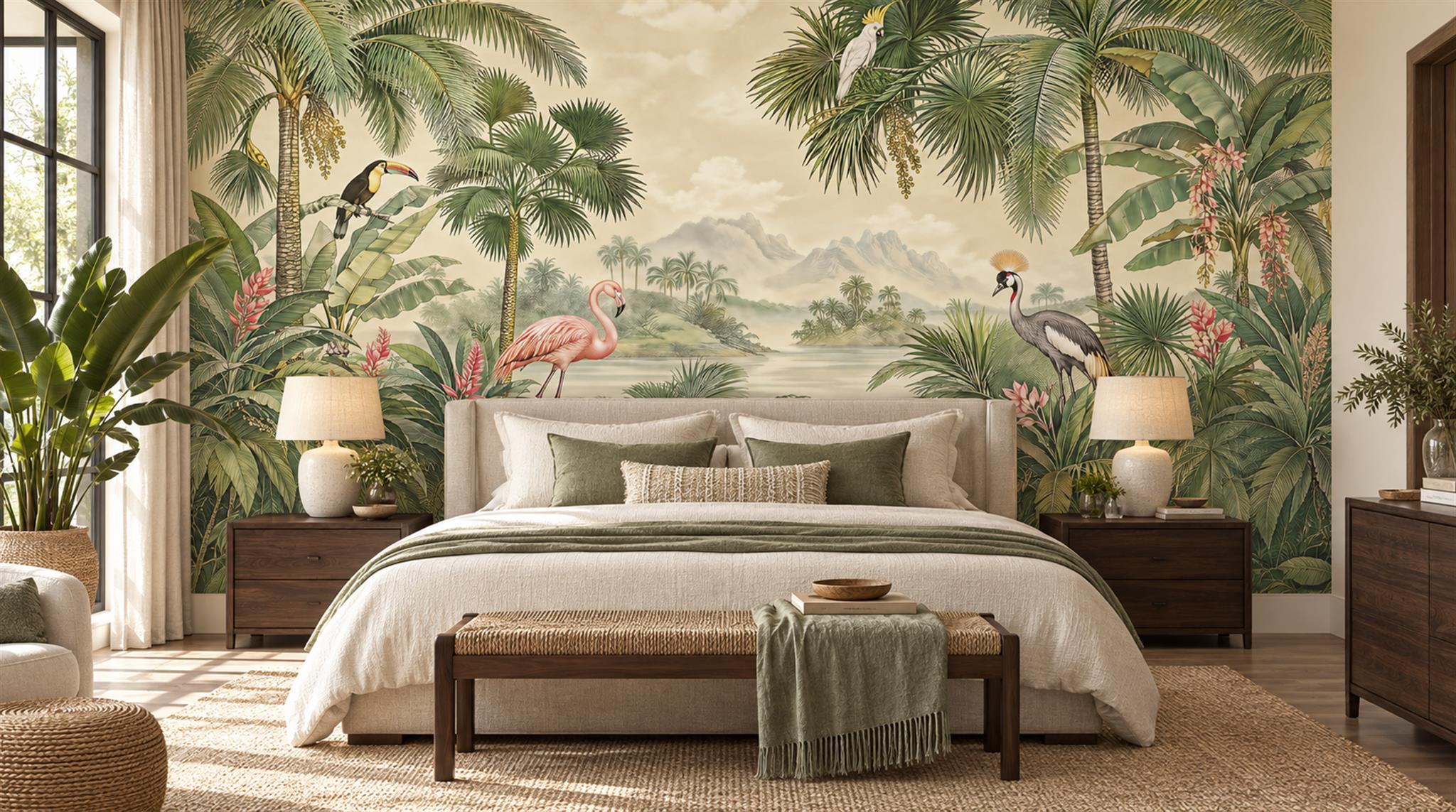 Red And Sage Green Decorative Patterning Wallpaper Layered Bedroom-wallpaper-murals, Peel-and-stick Finish