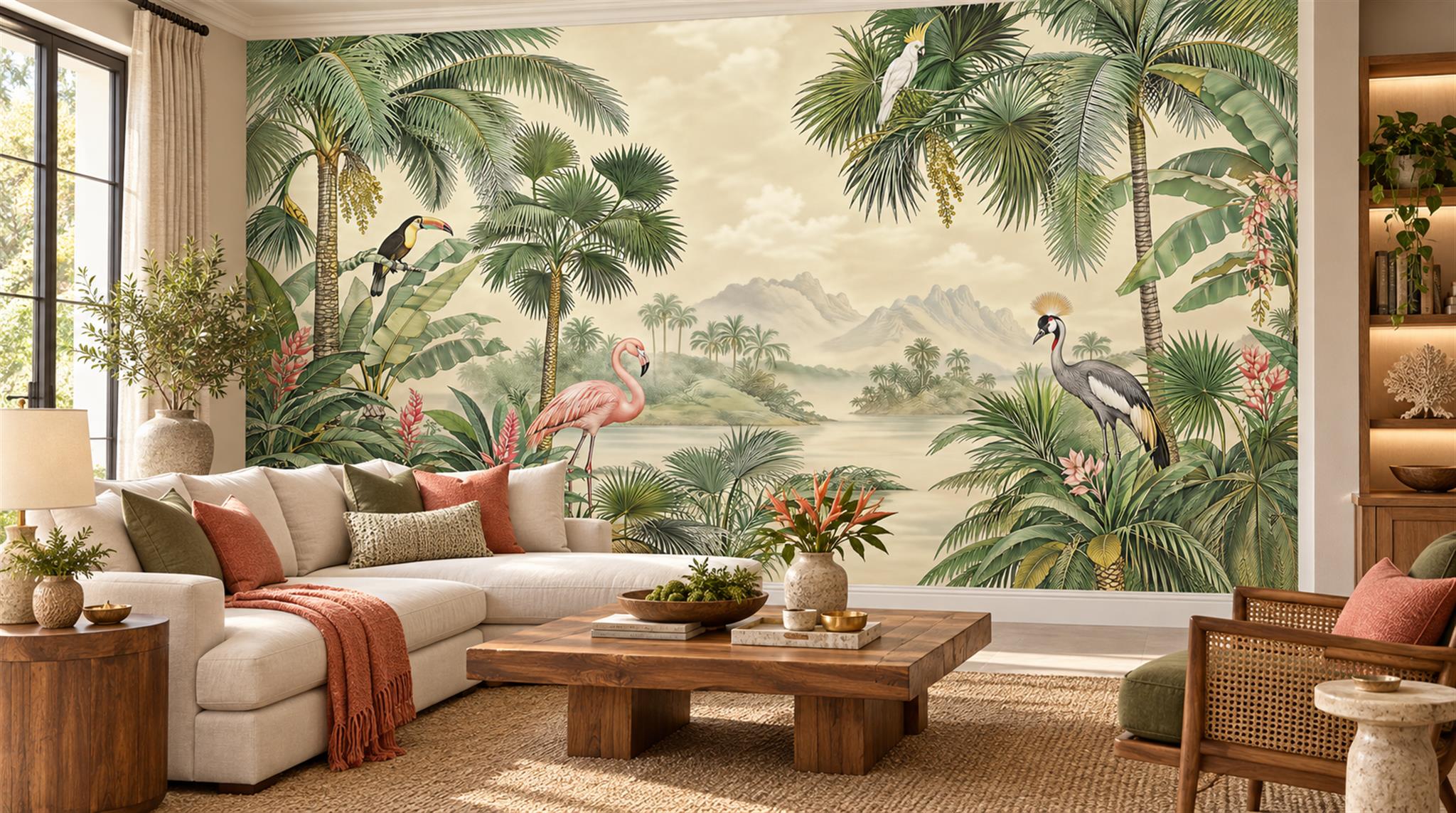 Red And Sage Green Decorative Patterning Wallpaper Layered Living-room-wallpaper-murals, Shown In A Living Room, Peel-and-stick Finish