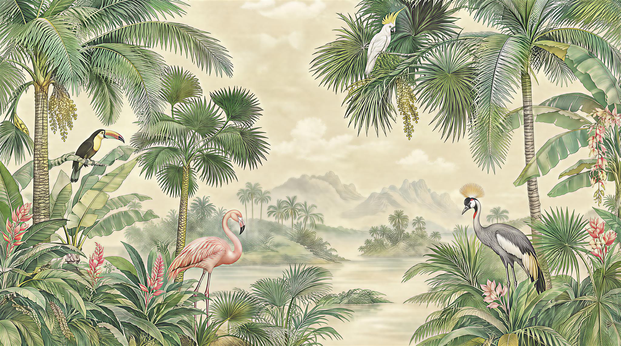 Palm Lagoon And Herons Wallpaper Mural — Wallpaper Mural Design, Peel-and-stick Finish
