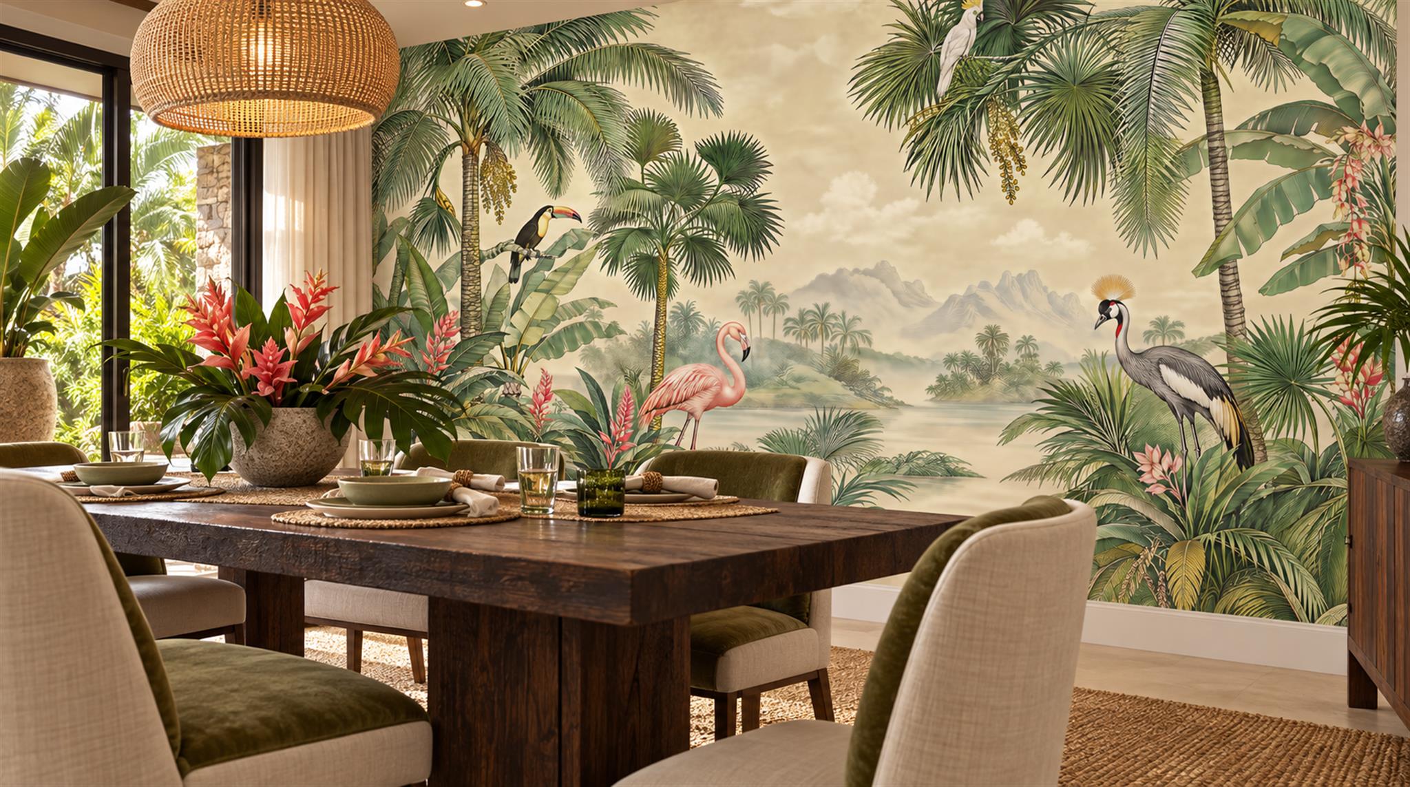Red And Sage Green Decorative Patterning Wallpaper Layered Dining-room-wallpaper-murals, Shown In A Dining Room, Peel-and-stick Finish