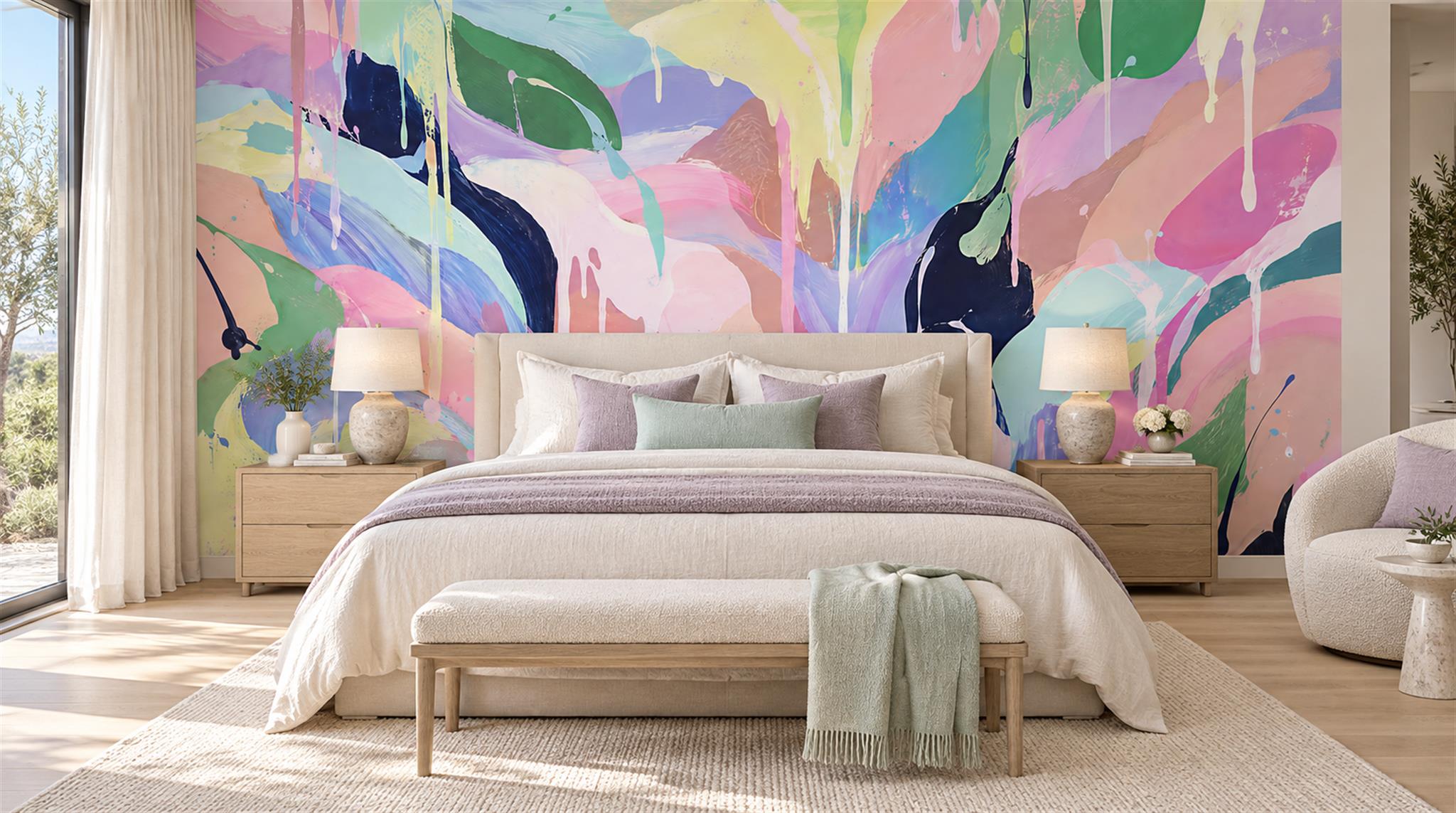Pastel Teal And Pink Abstract Drip Painting Wallpaper Mural — Installed Wallpaper Mural In A Bedroom, Peel-and-stick Finish