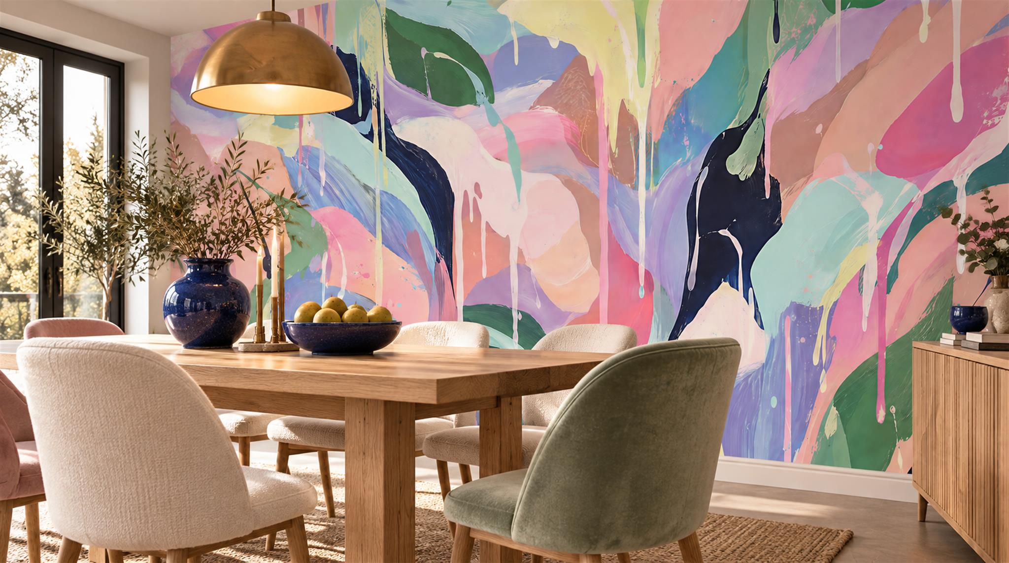 Red And Neutral Decorative Patterning Wallpaper Mural Layered Layered Dining-room-wallpaper-murals, Shown In A Dining Room, Peel-and-stick Finish