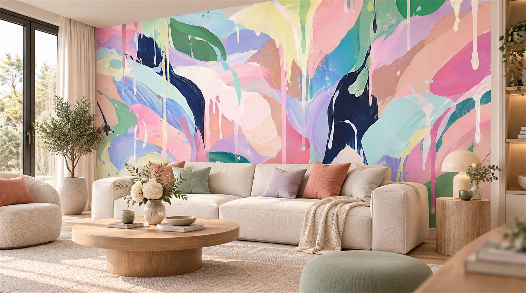 Red And Neutral Decorative Patterning Wallpaper Mural Layered Layered Living-room-wallpaper-murals, Shown In A Living Room, Peel-and-stick Finish