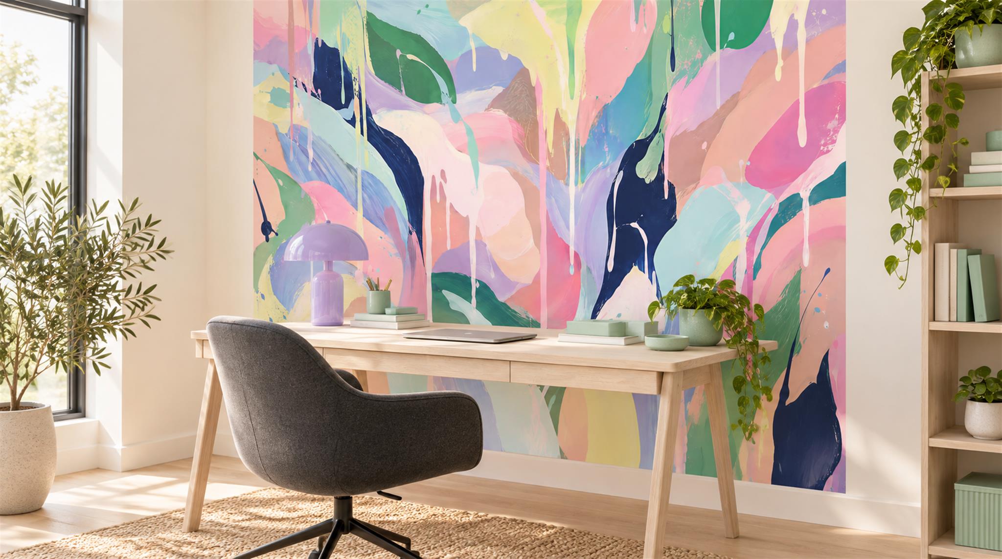 Red And Neutral Decorative Patterning Wallpaper Mural Layered Layered Office-wallpaper-murals, Shown In A Home Office, Peel-and-stick Finish