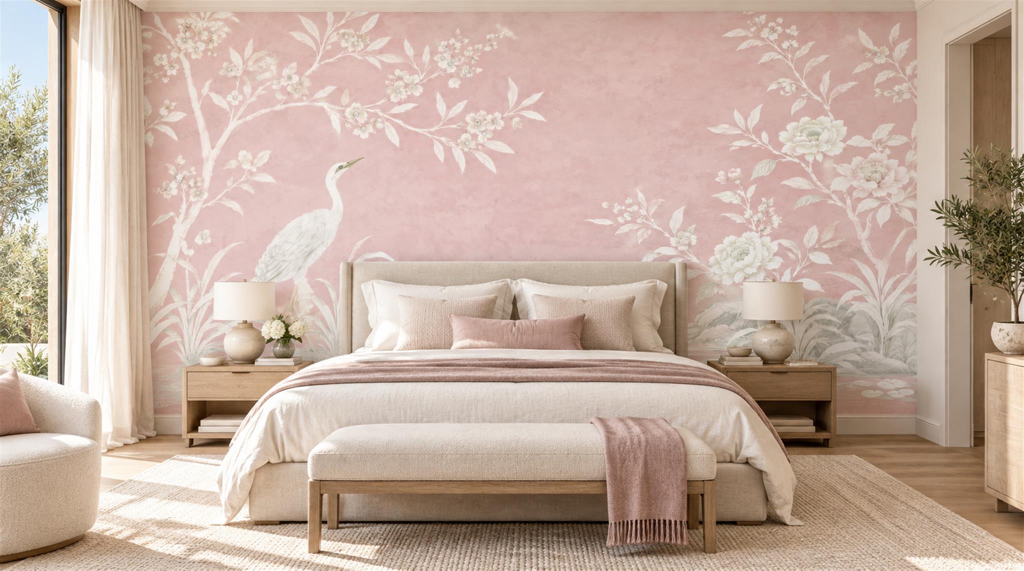 White Heron And Blossom Branches Wallpaper Mural — Installed Wallpaper Mural In A Bedroom, Peel-and-stick Finish