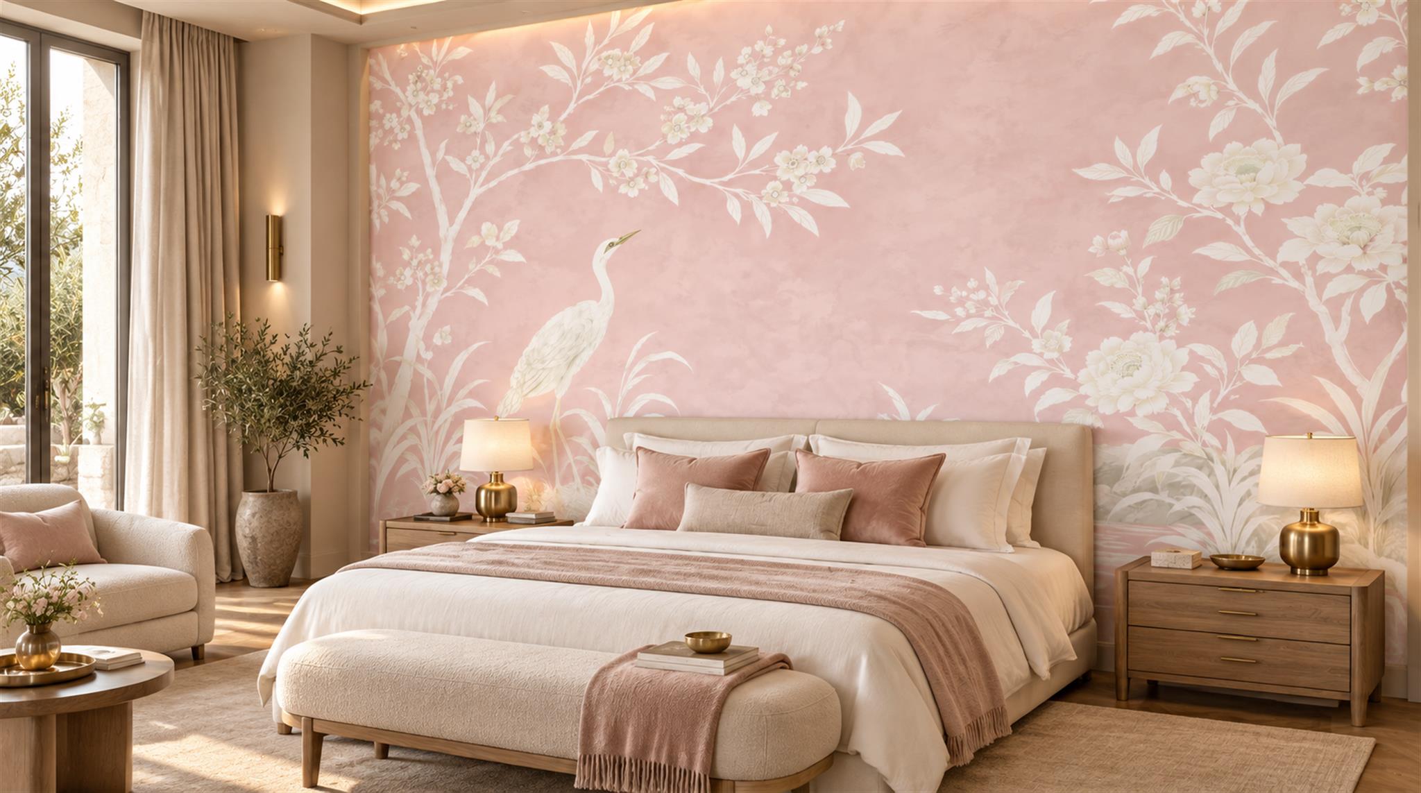 Red And Pink Leaf Patterning Wallpaper Mural Accent-wall-wallpaper-murals, Peel-and-stick Finish
