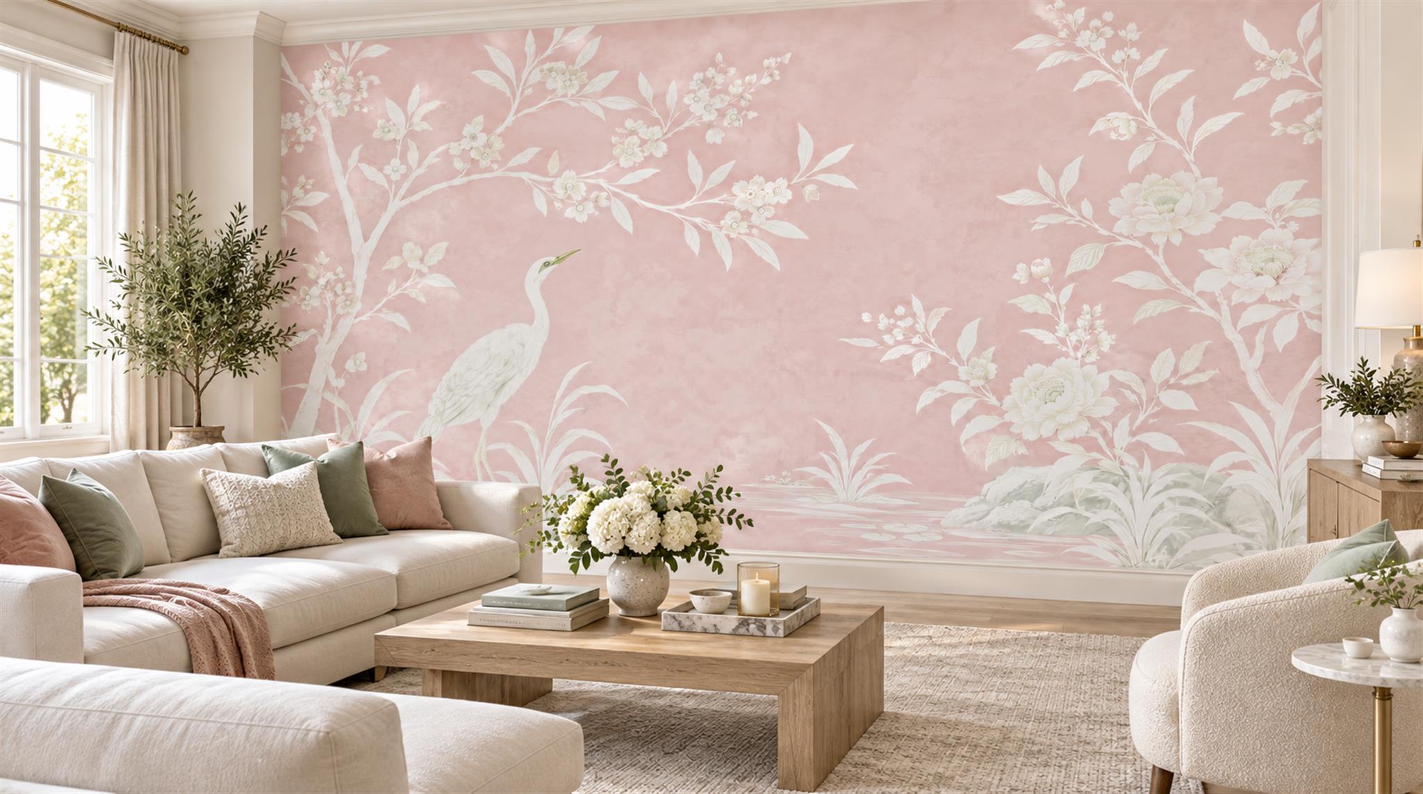 Red And Pink Leaf Patterning Wallpaper Mural Living-room-wallpaper-murals, Shown In A Living Room, Peel-and-stick Finish