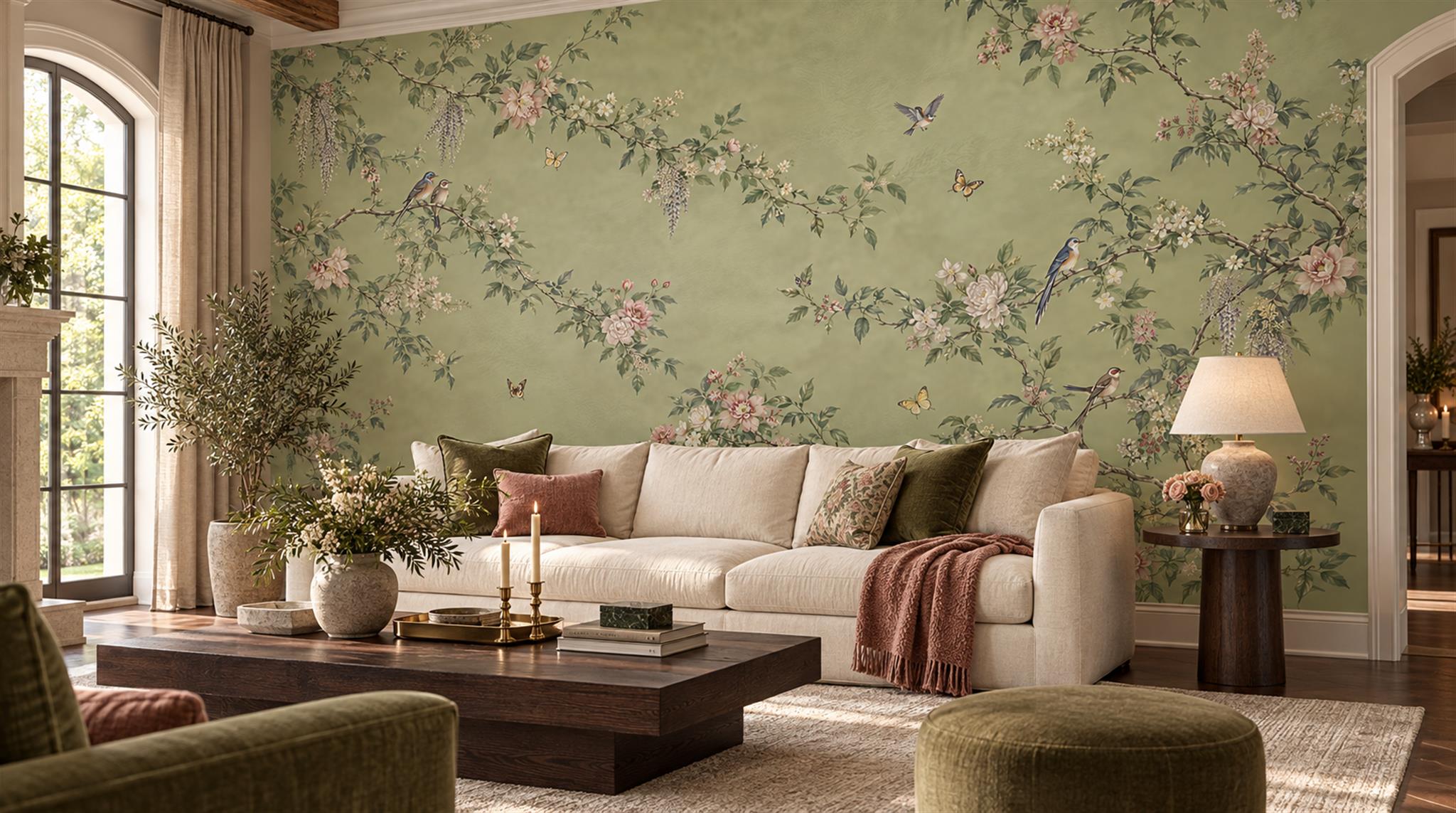 Sage Green Branches And Tiny Blossoms Wallpaper Mural — Wallpaper Mural Design, Peel-and-stick Finish