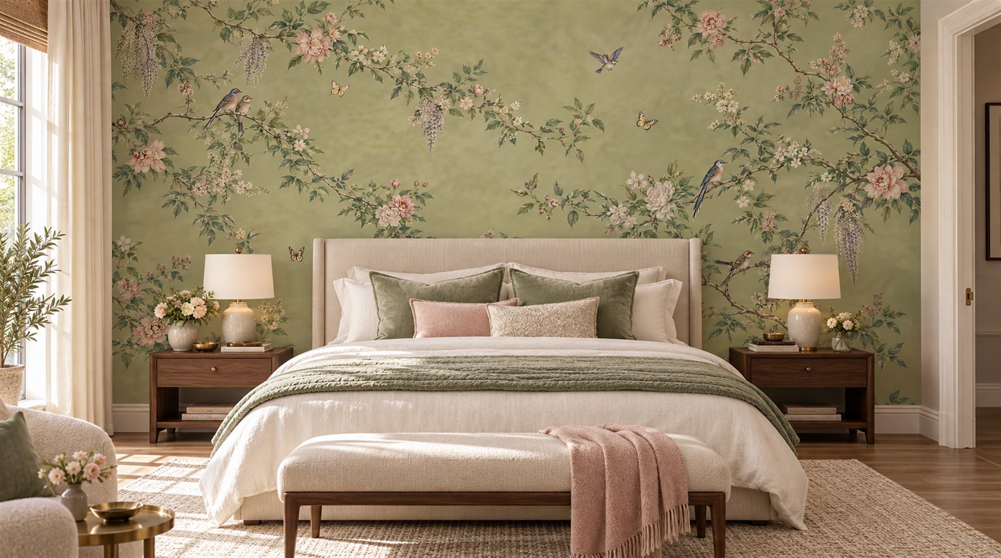 Red And Sage Green Decorative Patterning Wallpaper Layered Textured Bedroom-wallpaper-murals, Peel-and-stick Finish