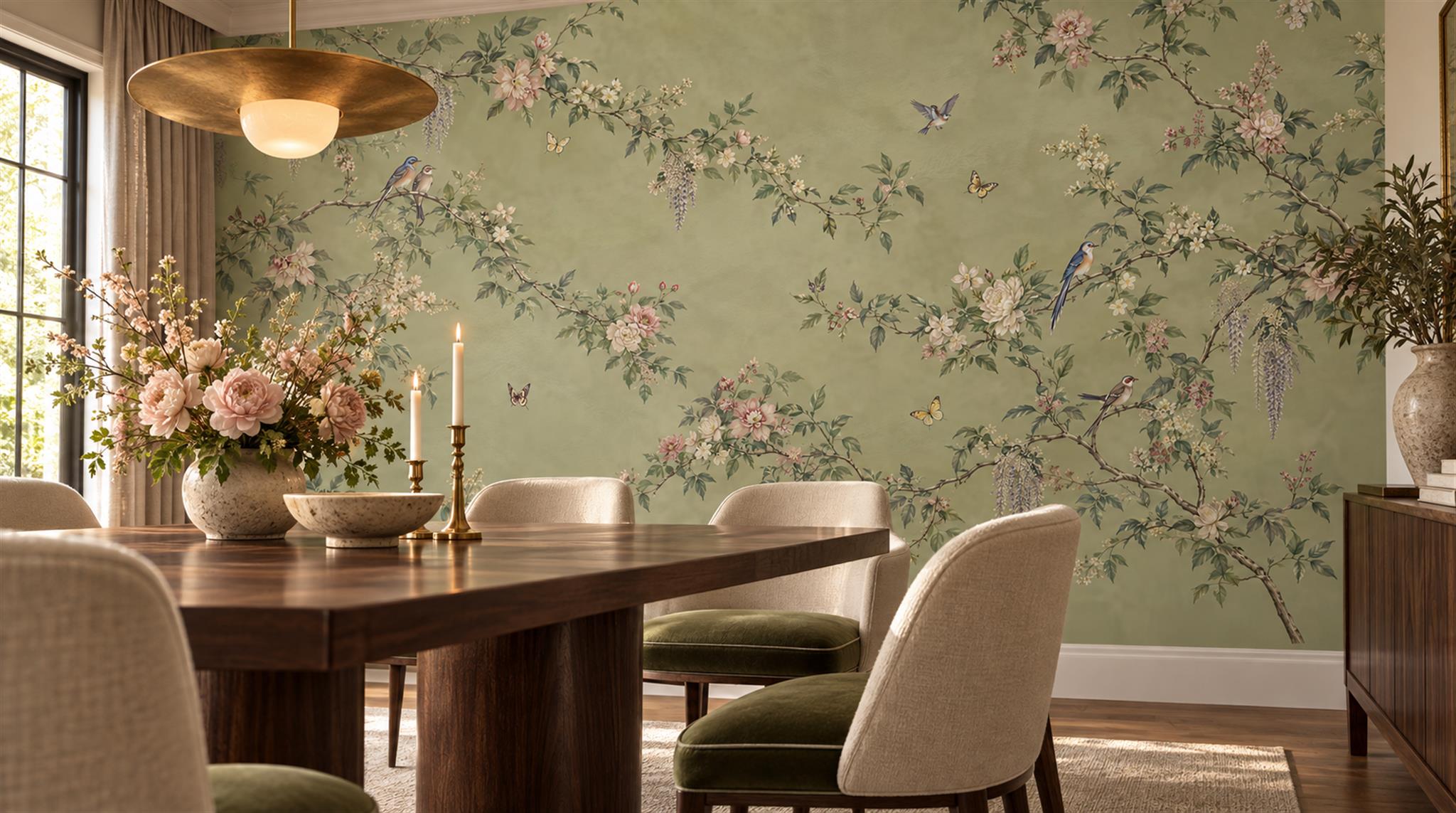 Red And Sage Green Decorative Patterning Wallpaper Layered Textured Dining-room-wallpaper-murals, Shown In A Dining Room, Peel-and-stick Finish
