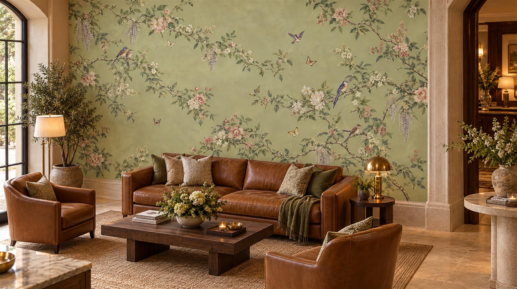 Red And Sage Green Decorative Patterning Wallpaper Layered Textured, Peel-and-stick Finish