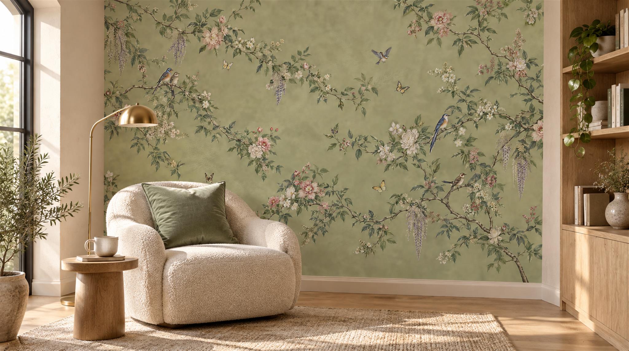 Red And Sage Green Decorative Patterning Wallpaper Layered Textured, Peel-and-stick Finish