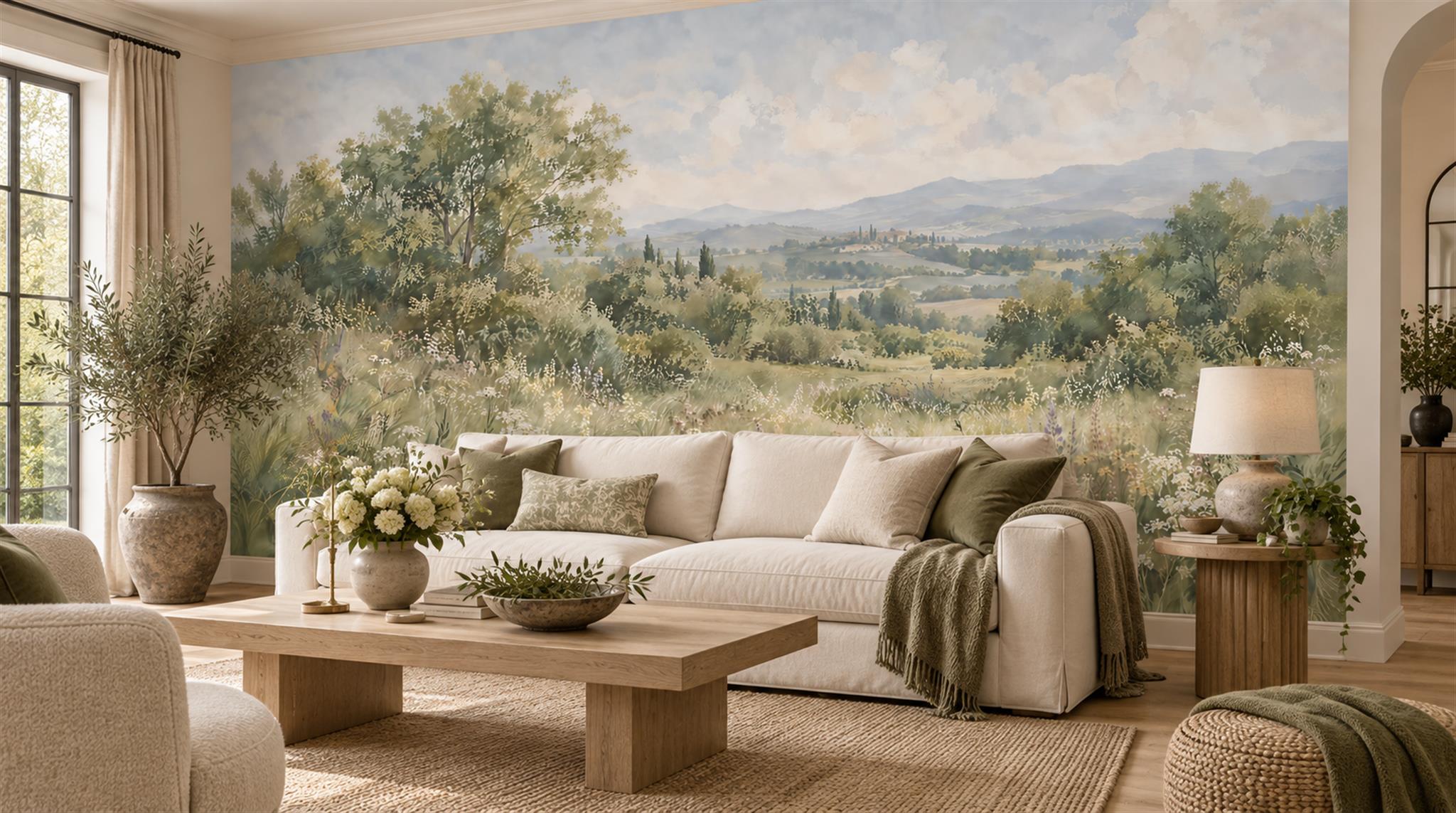 Red And Sage Green A Painterly Scenic Layered Wallpaper Living-room-wallpaper-murals, Shown In A Living Room, Peel-and-stick Finish