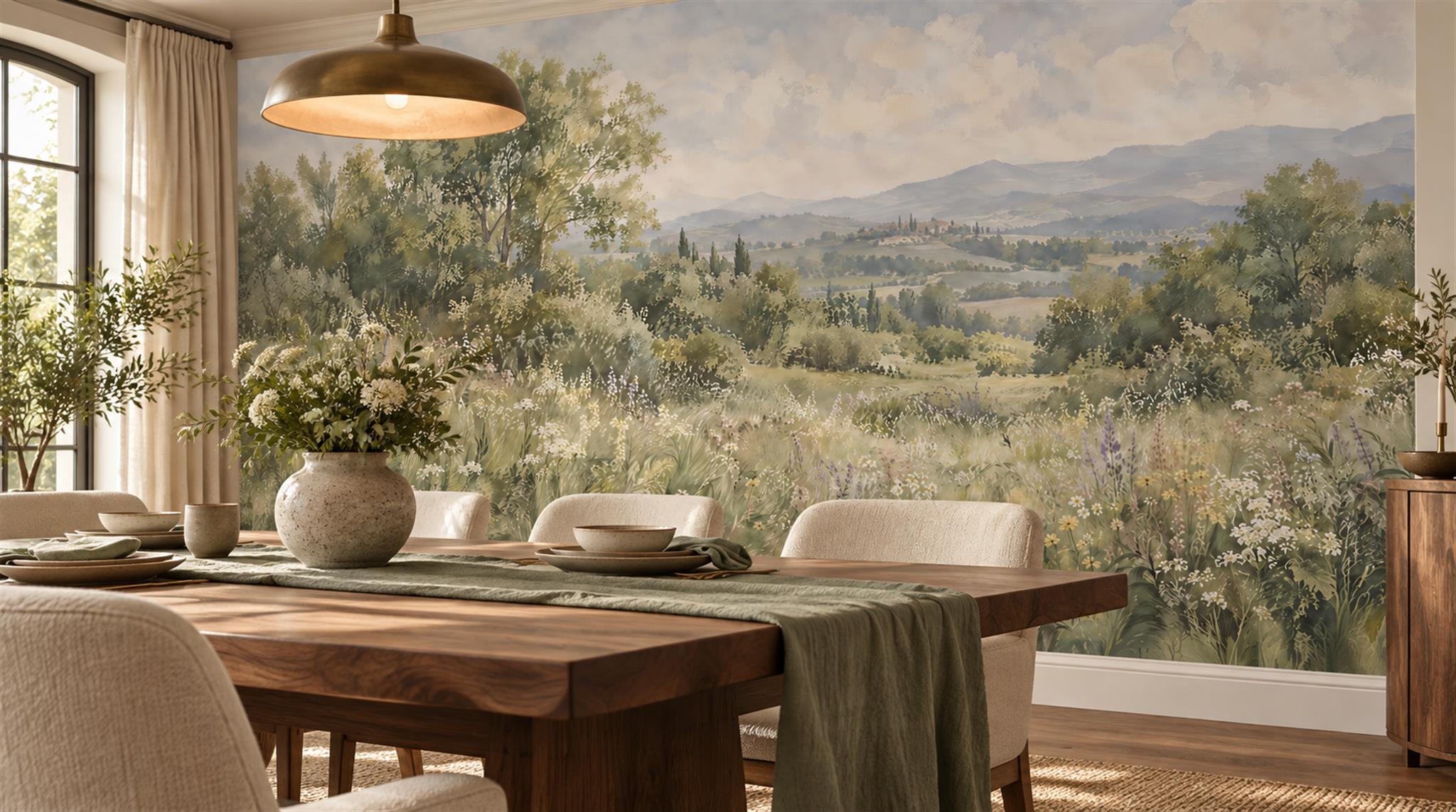 Red And Sage Green A Painterly Scenic Layered Wallpaper Dining-room-wallpaper-murals, Shown In A Dining Room, Peel-and-stick Finish