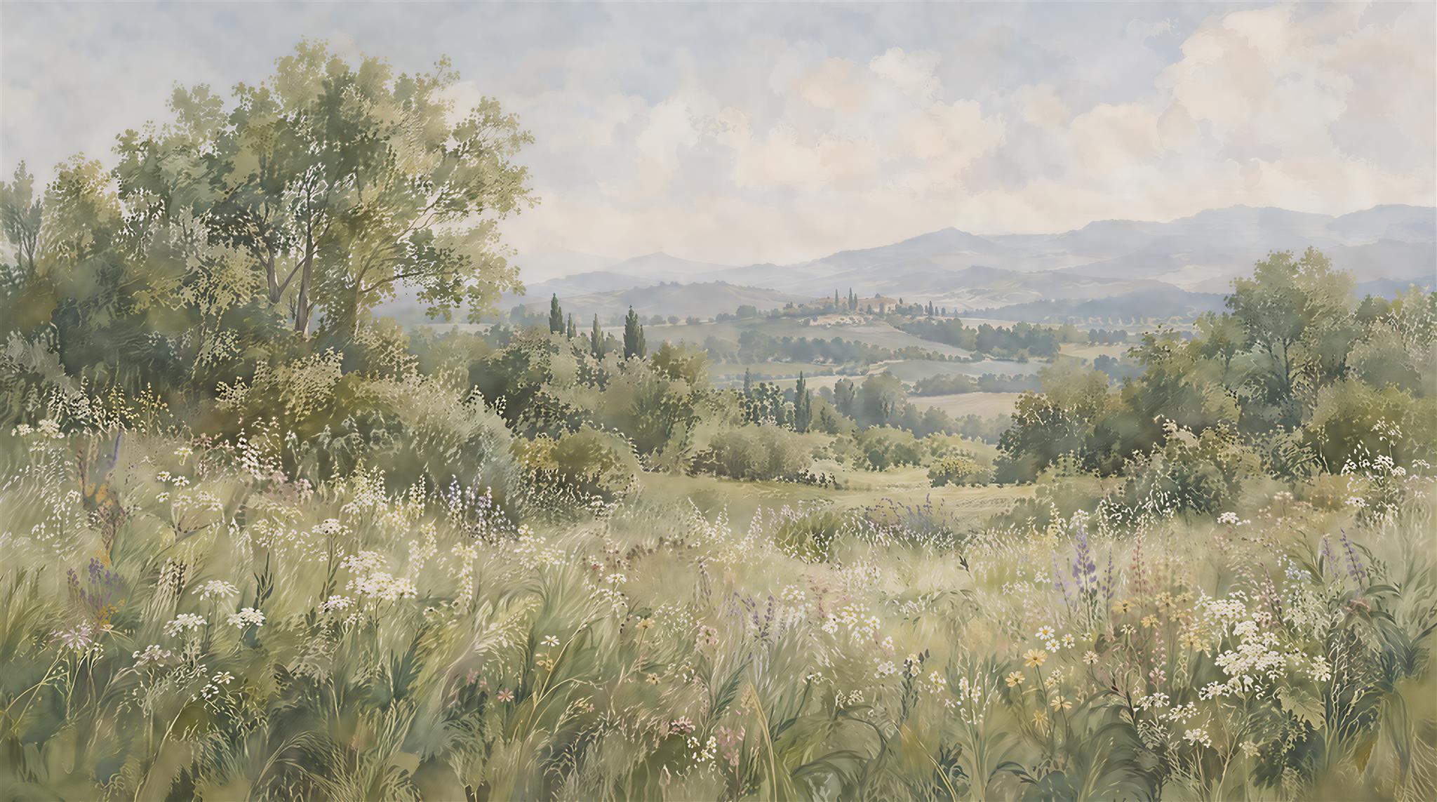 Open Meadow And Distant Hills Wallpaper Mural — Wallpaper Mural Design, Peel-and-stick Finish