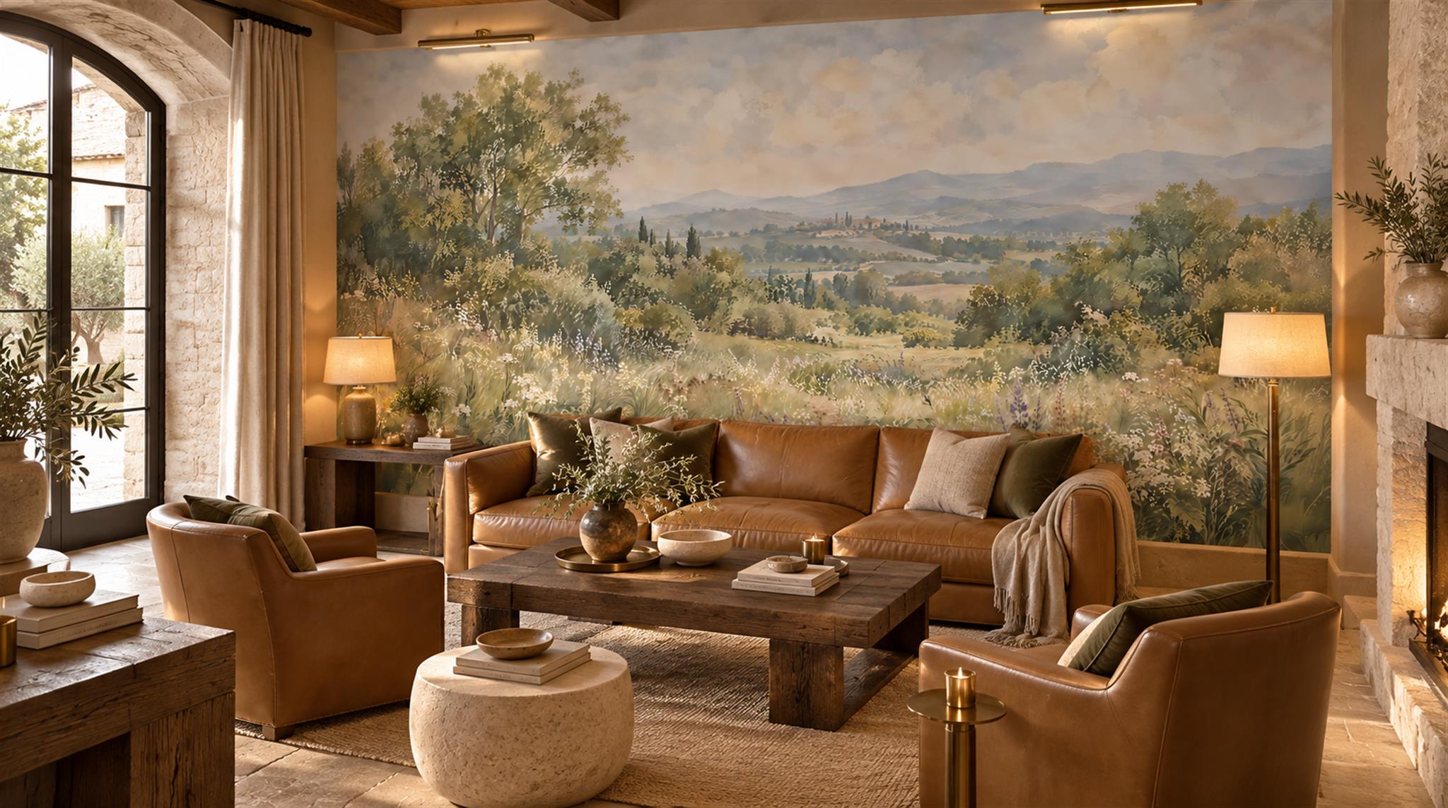 Red And Sage Green A Painterly Scenic Layered Wallpaper Accent-wall-wallpaper-murals, Peel-and-stick Finish