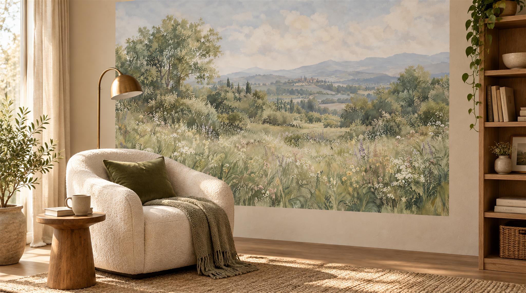Red And Sage Green A Painterly Scenic Layered Wallpaper Accent-wall-wallpaper-murals, Peel-and-stick Finish