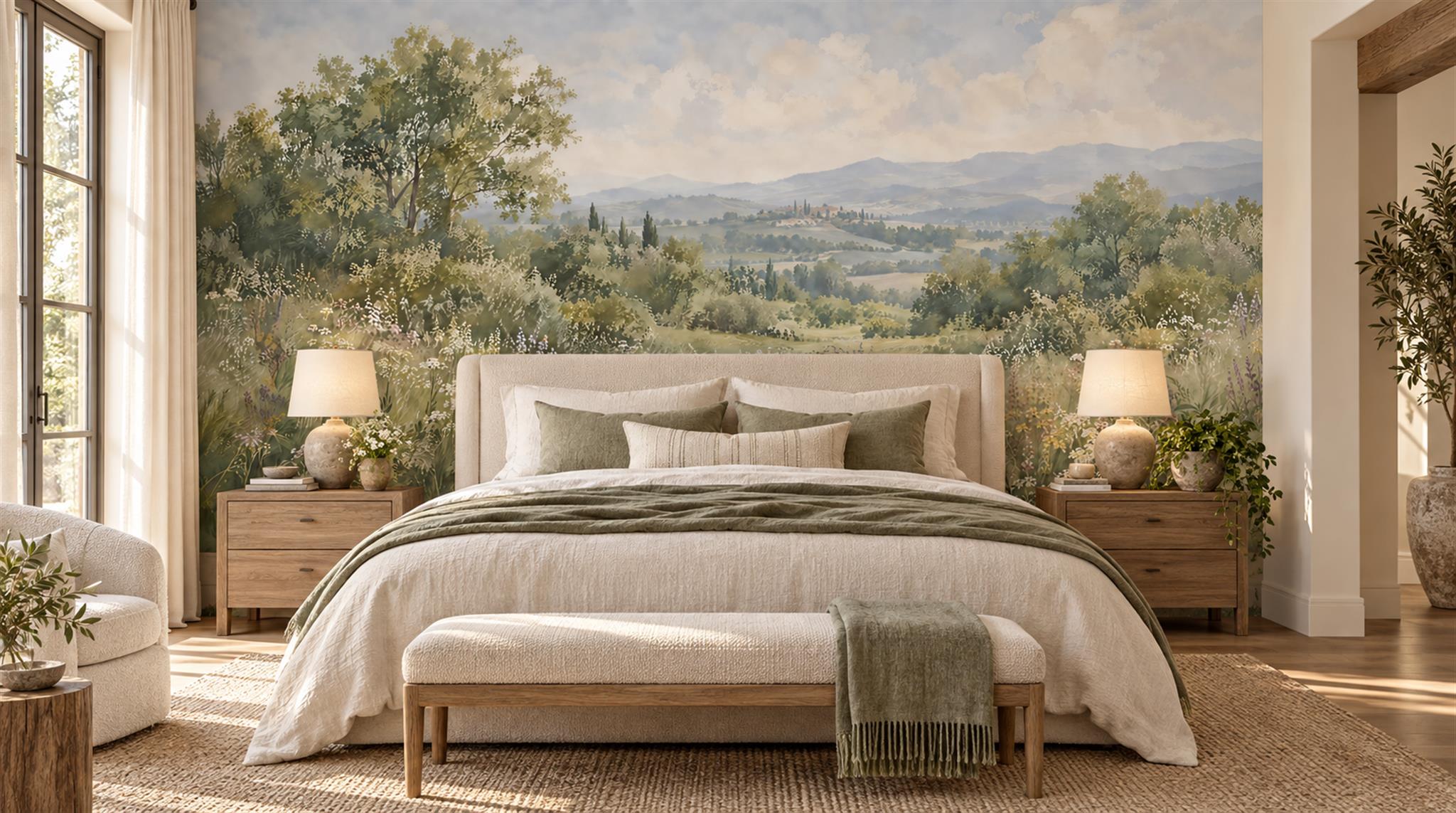 Red And Sage Green A Painterly Scenic Layered Wallpaper Bedroom-wallpaper-murals, Peel-and-stick Finish