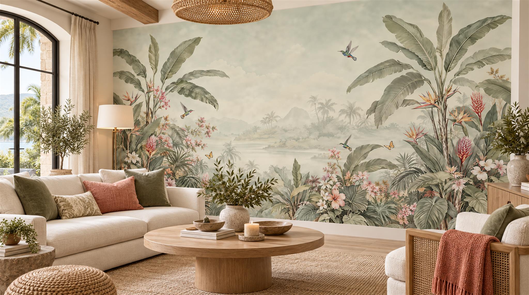 Pale Tropical Leaves And Flying Birds Wallpaper Mural — Wallpaper Mural Design, Peel-and-stick Finish