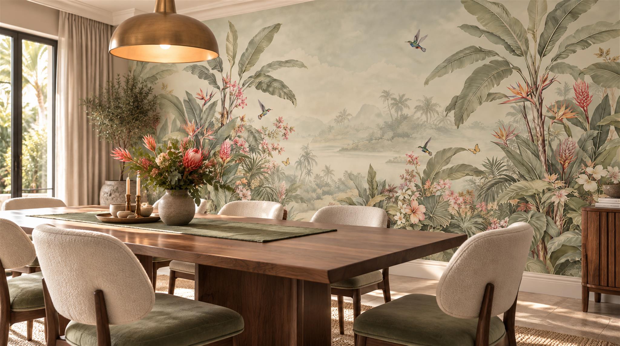 Ivory And Red Leaf Patterning Decorative Wallpaper Mural Dining-room-wallpaper-murals, Shown In A Dining Room, Peel-and-stick Finish