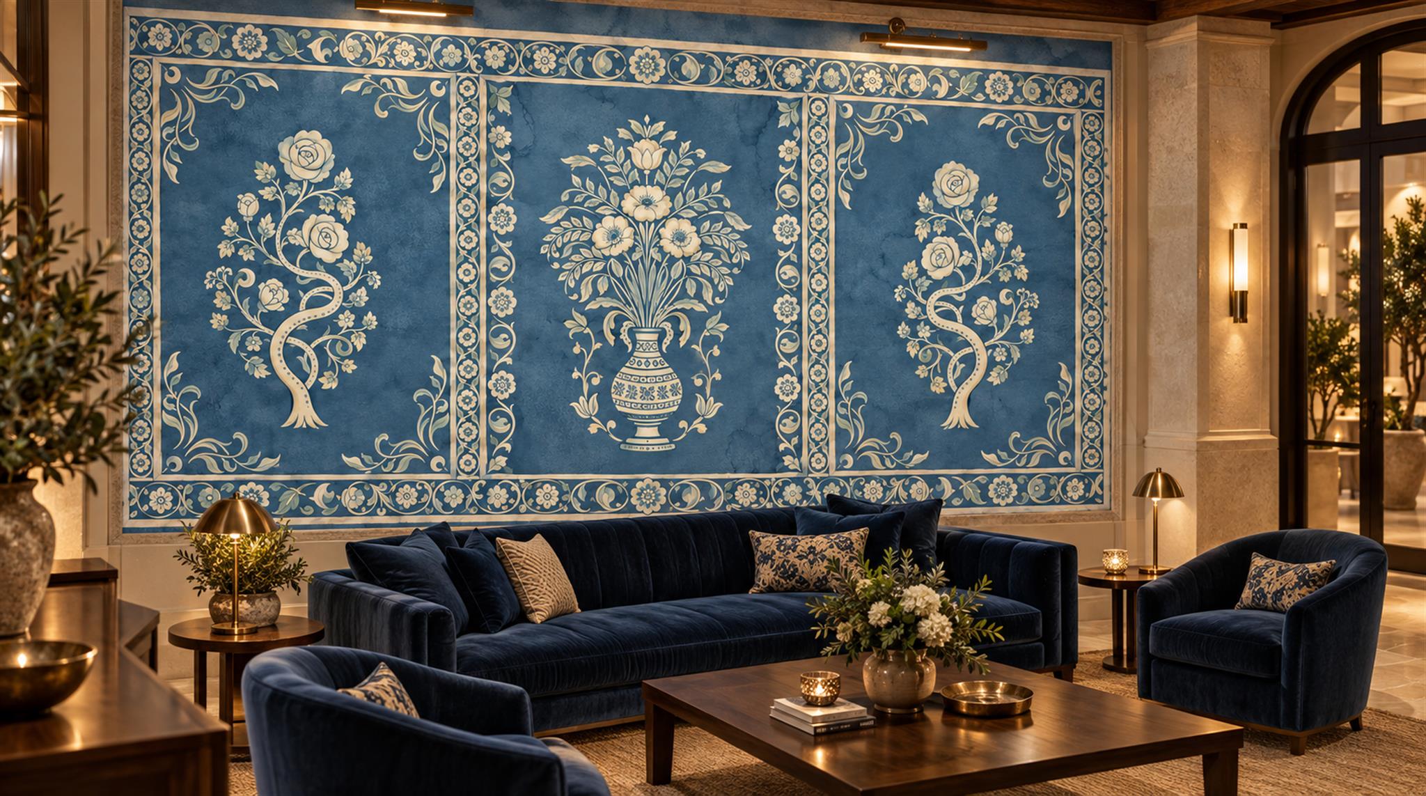 Blue And Neutral Damask Patterning Wallpaper Mural, Peel-and-stick Finish