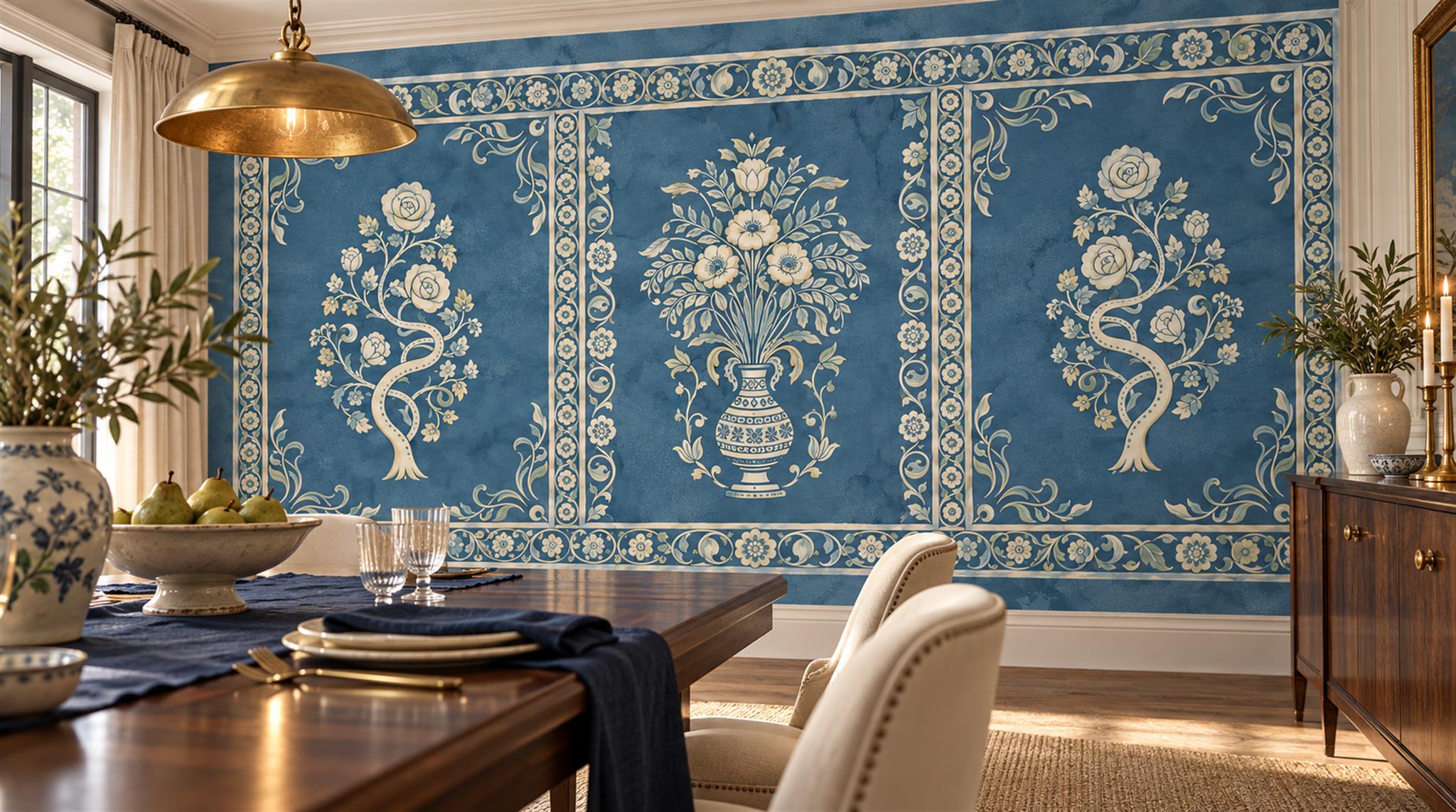 Blue And Neutral Damask Patterning Wallpaper Mural Dining-room-wallpaper-murals, Peel-and-stick Finish