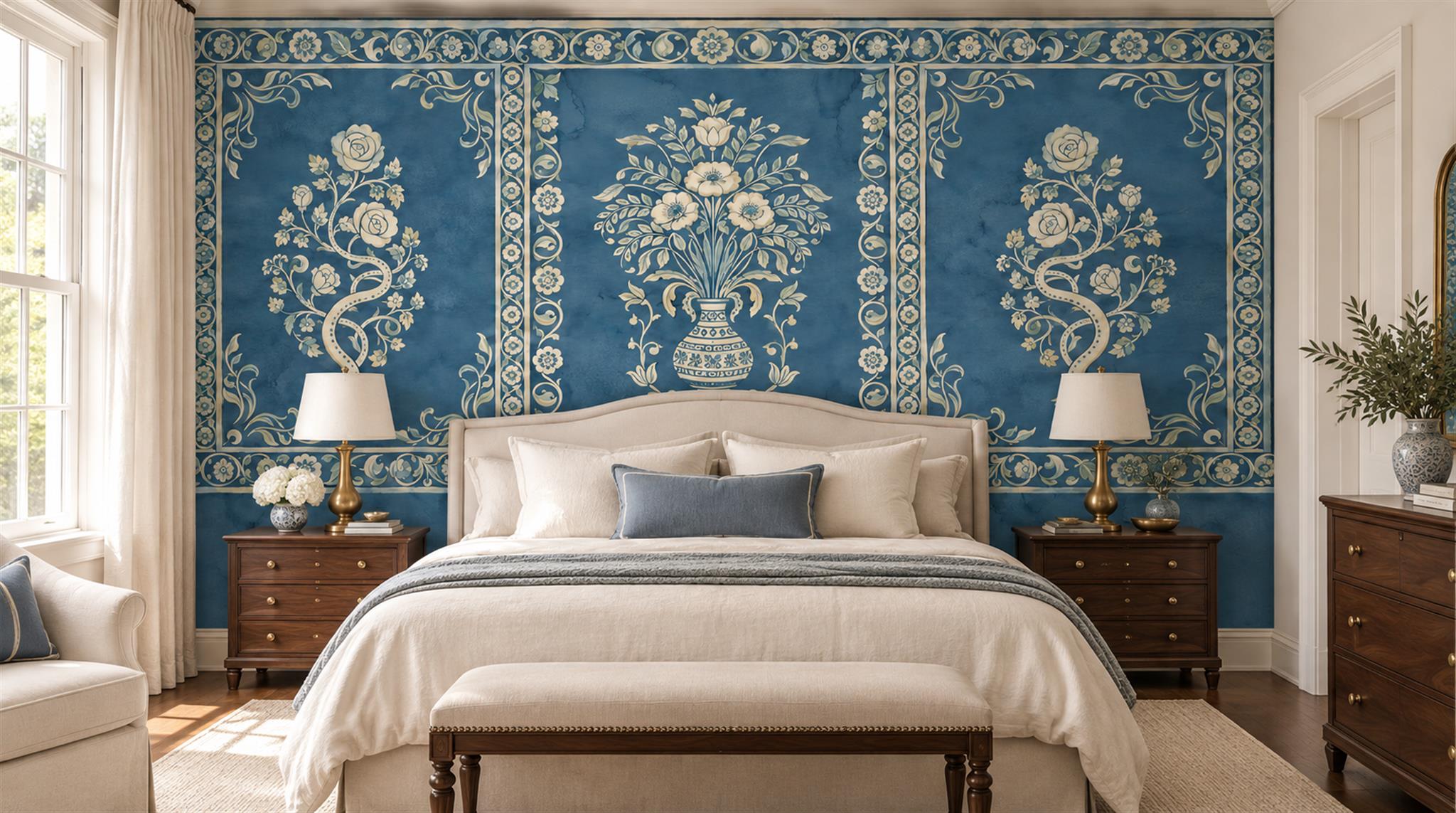 Blue And Neutral Damask Patterning Wallpaper Mural Bedroom-wallpaper-murals, Peel-and-stick Finish